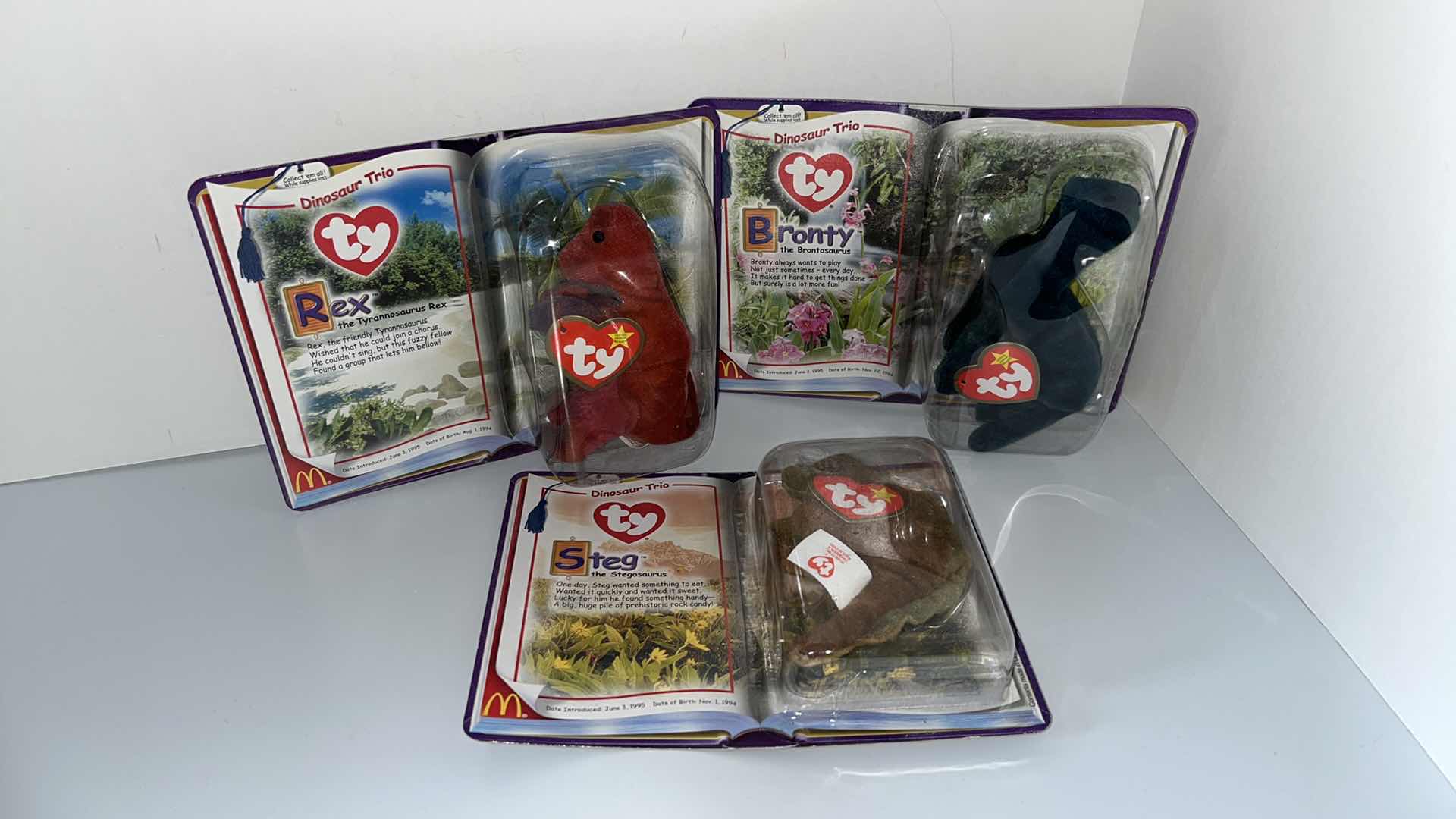 Photo 1 of TY MCDONALD’S TEENIE BEANIE BABIES PLUSH TOY DINOSAUR TRIO REX, BRONTY, STEG 2000