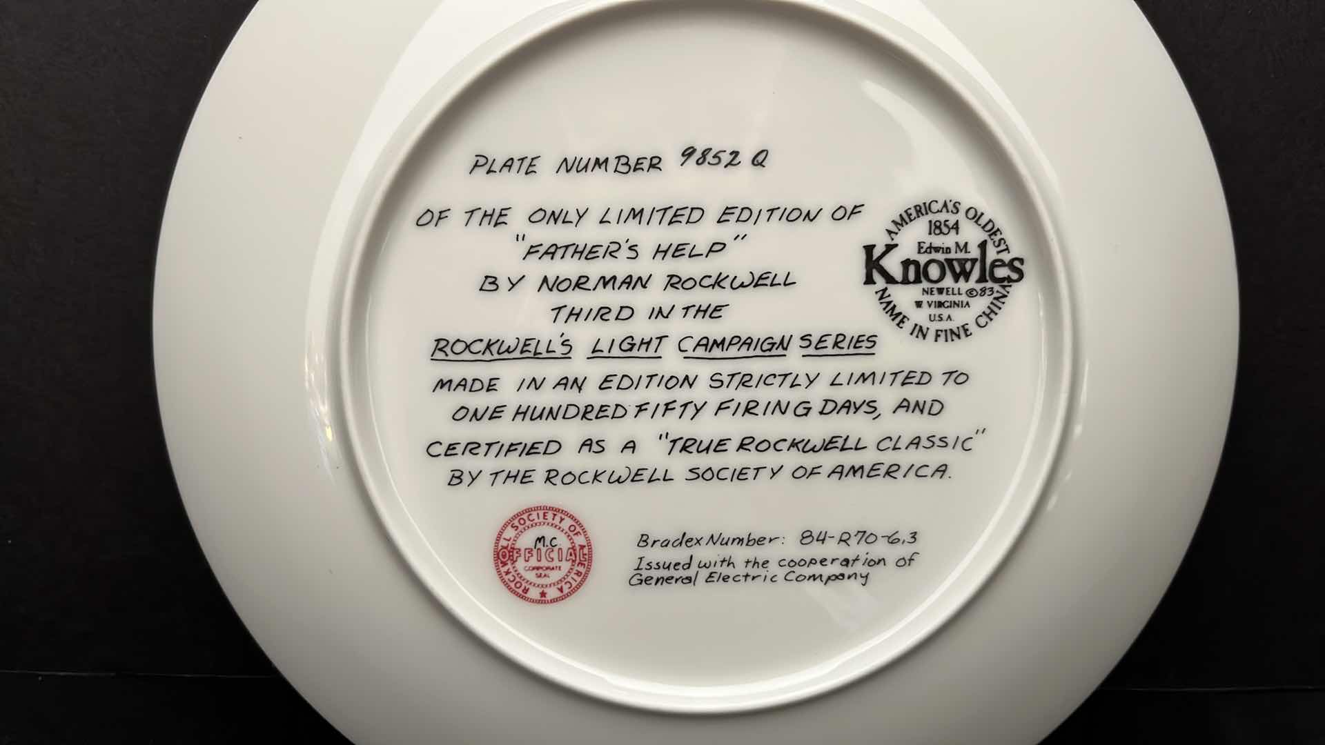 Photo 3 of EDWIN M KNOWLES CHINA CO. NORMAN ROCKWELL PLATE FATHER’S HELP W COA 8.5”