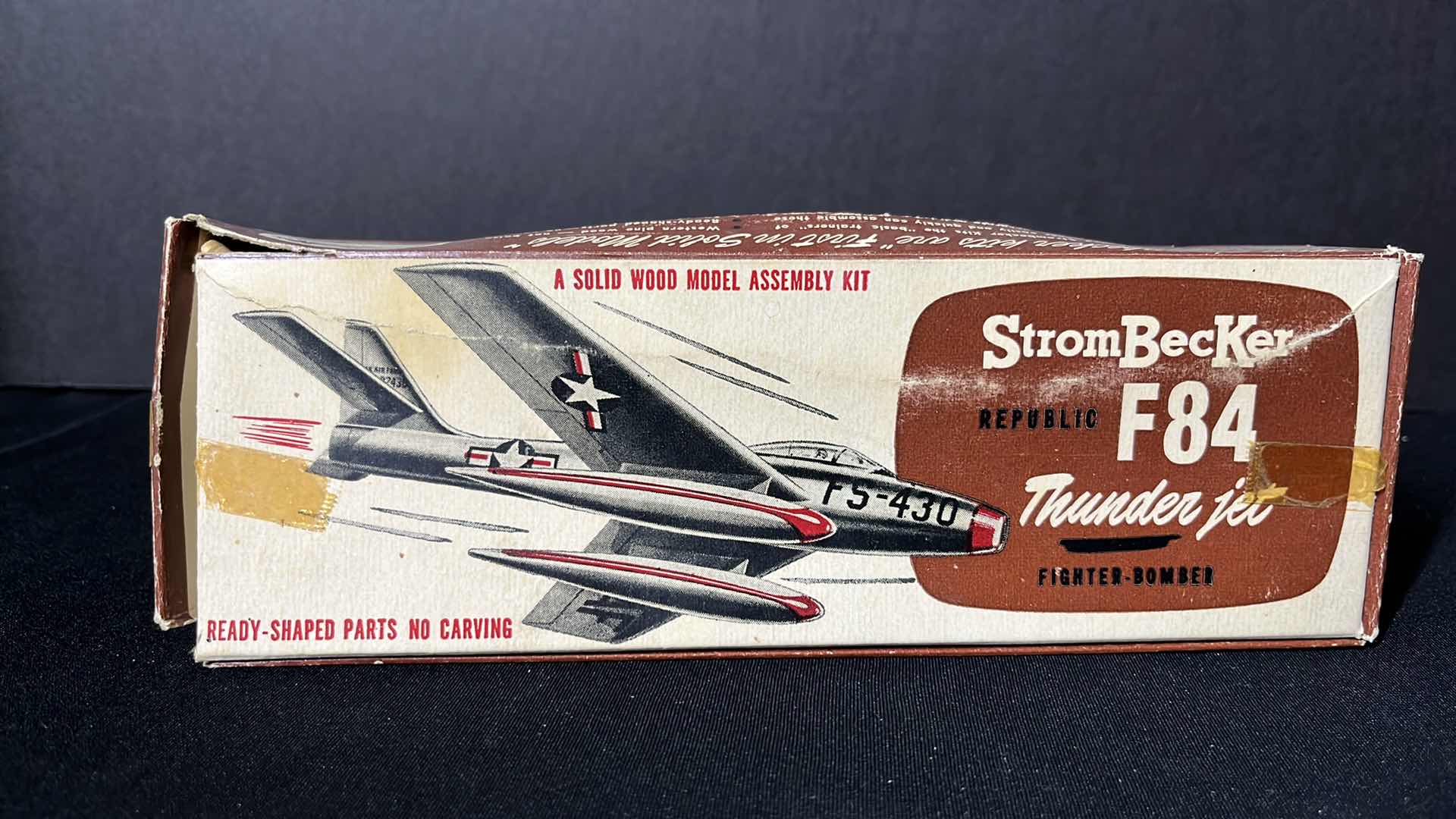 Photo 1 of STROMBECKER REPUBLIC F84 THUNDER JET FIGHTER BOMBER SOLID WOOD MODEL ASSEMBLY KIT C-47-79, 1952