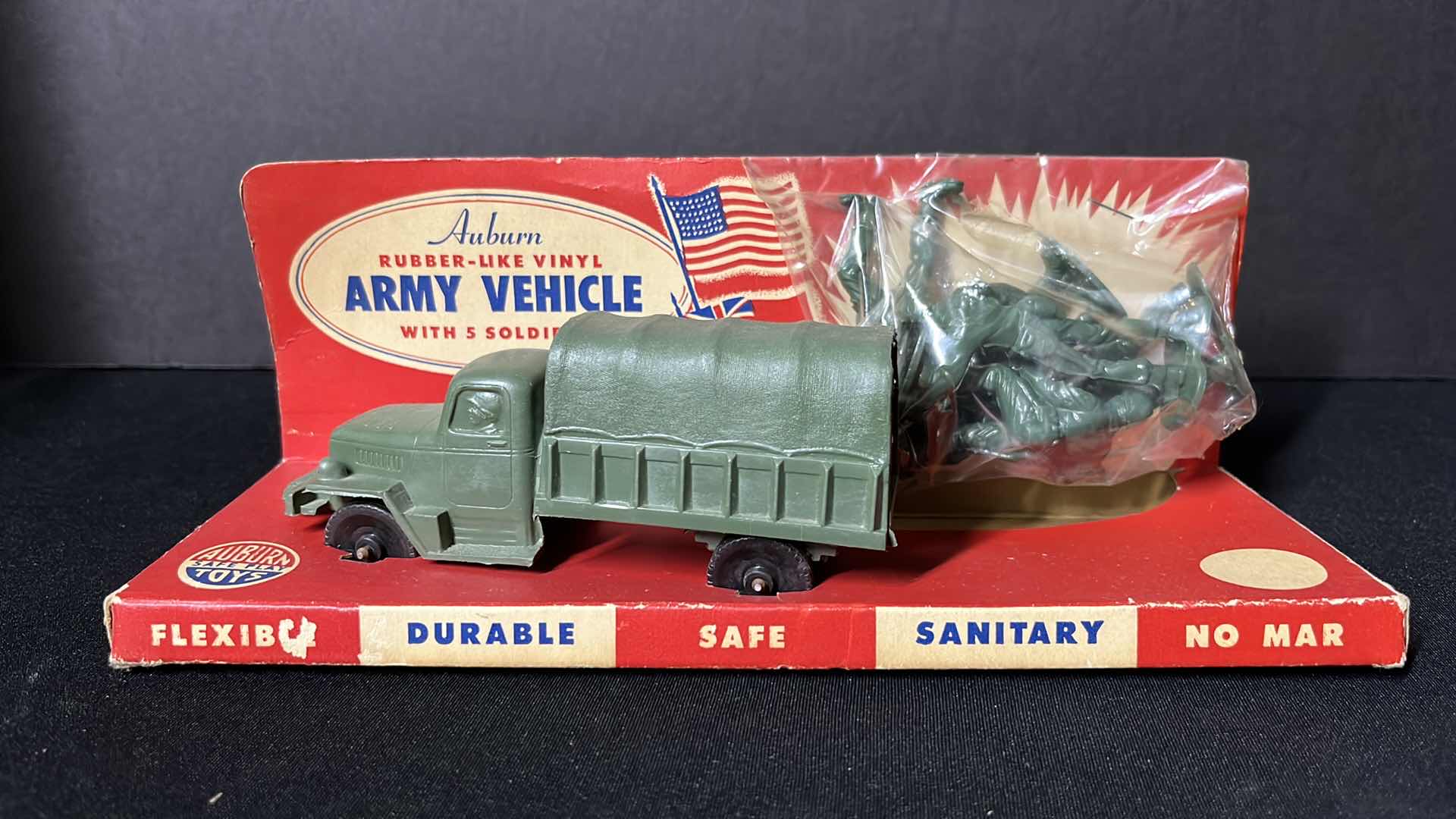 Photo 1 of AUBURN TOYS RUBBER-LIKE VINYL ARMY VEHICLE W SOLDIERS (No. 319 ARMY TRUCK W 5 SOLDIERS)