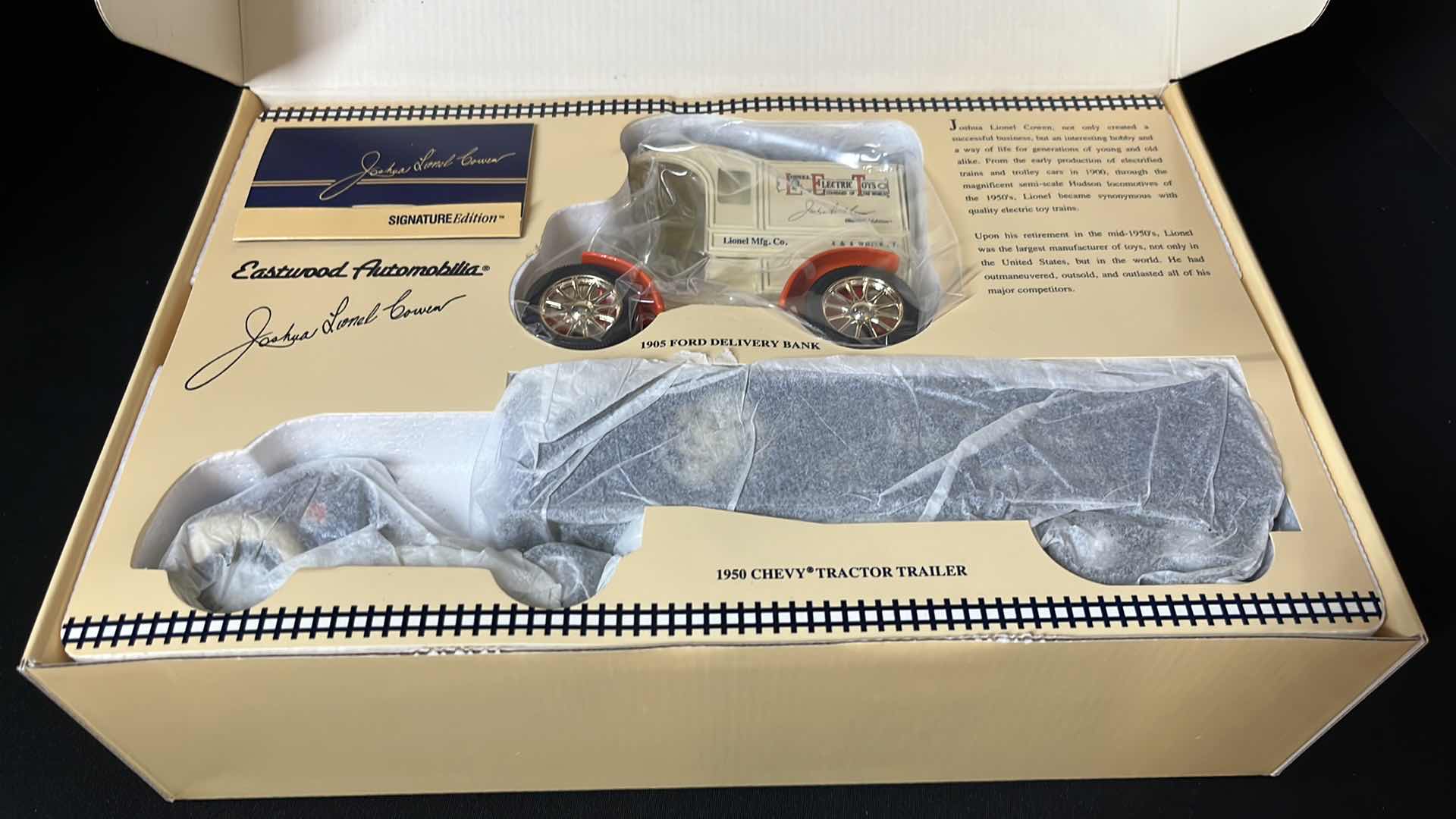 Photo 5 of ERTL EASTWOOD AUTOMOBILIA TRANSPORTATION JOSHUA LIONEL COWEN SIGNATURE EDITION LIONEL ELECTRIC TRAIN 1905 FORD DELIVERY BANK & 1950 CHEVY TRACTOR TRAILER W COA, 1994 (STOCK NO B557)