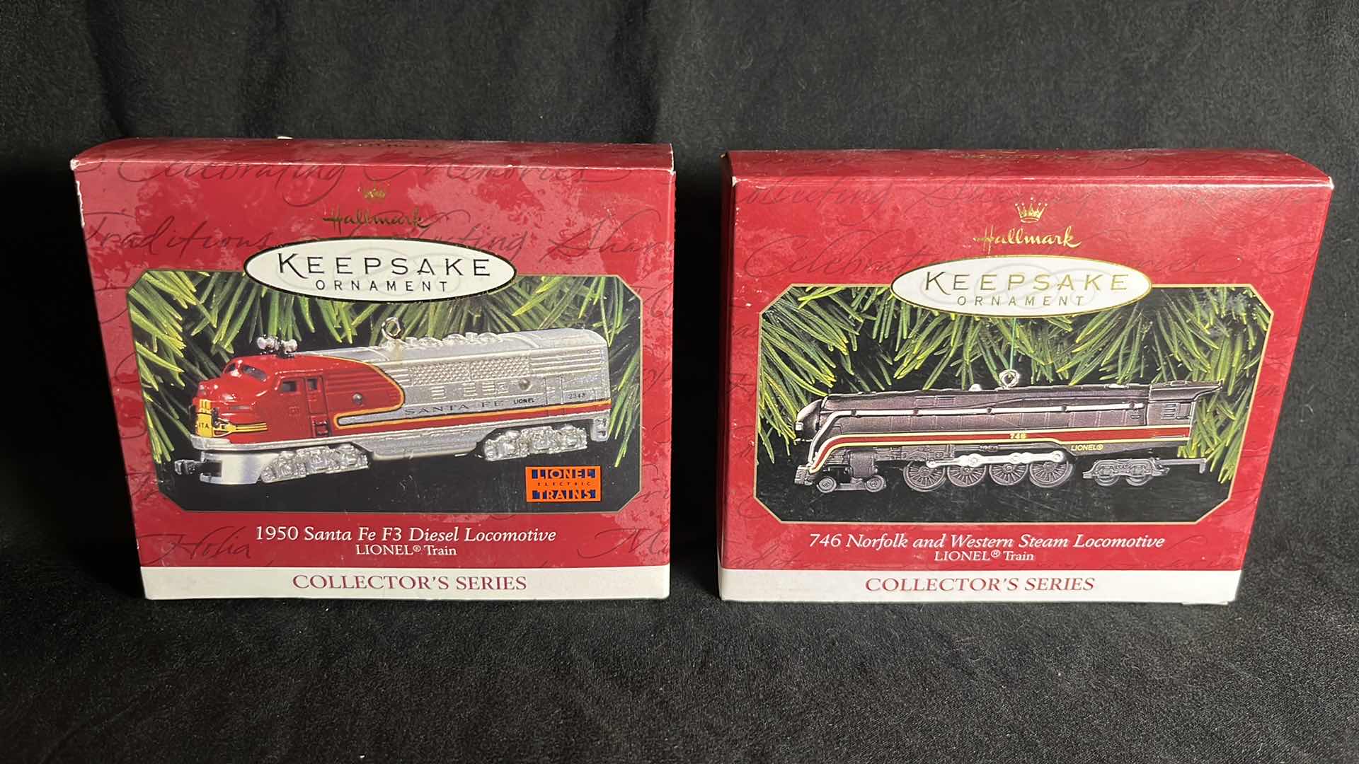 Photo 1 of HALLMARK LIONEL TRAIN DIE-CAST METAL KEEPSAKE ORNAMENTS 1950 SANTA FE F3 DIESEL LOCOMOTIVE 1997 (QX6145) & 746 NORFOLK AND WESTERN STEAM LOCOMOTIVE 1999 (#QX6377)