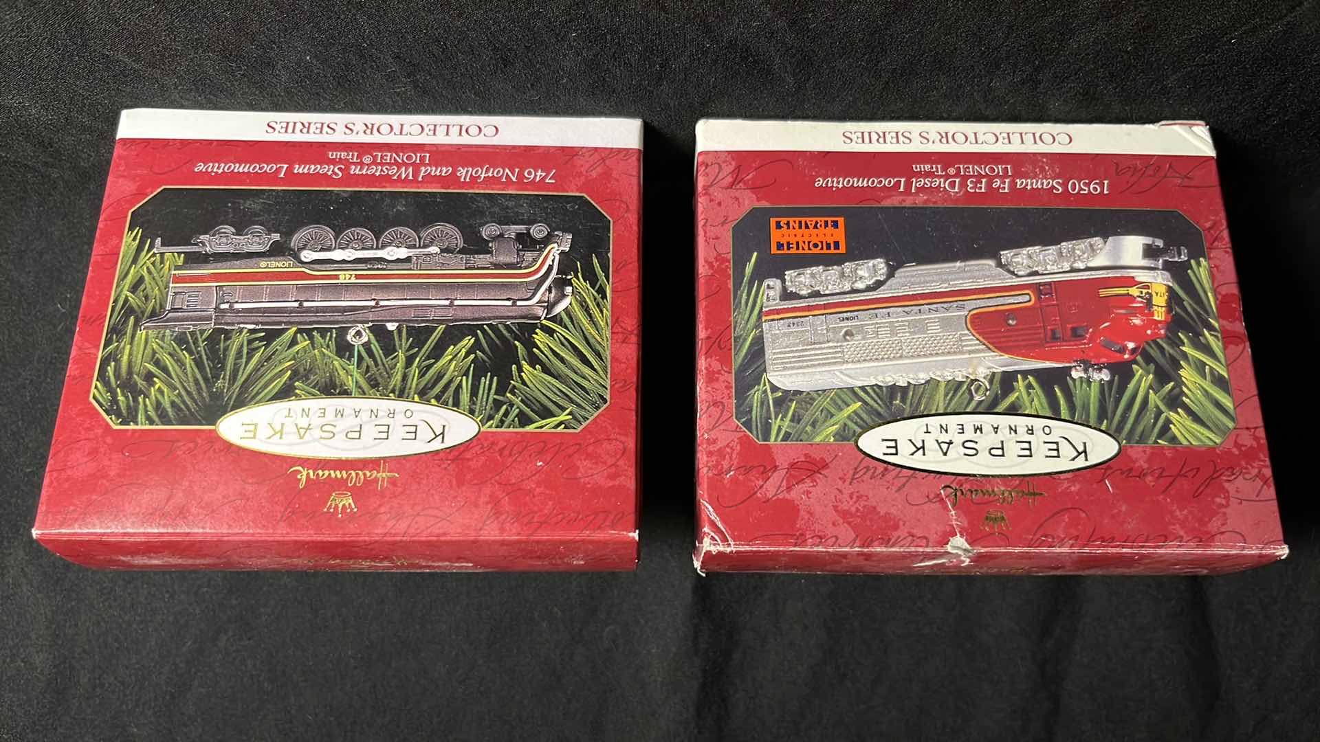 Photo 1 of HALLMARK LIONEL TRAIN DIE-CAST METAL KEEPSAKE ORNAMENTS 1950 SANTA FE F3 DIESEL LOCOMOTIVE 1997 (QX6145) & 746 NORFOLK AND WESTERN STEAM LOCOMOTIVE 1999 (#QX6377)