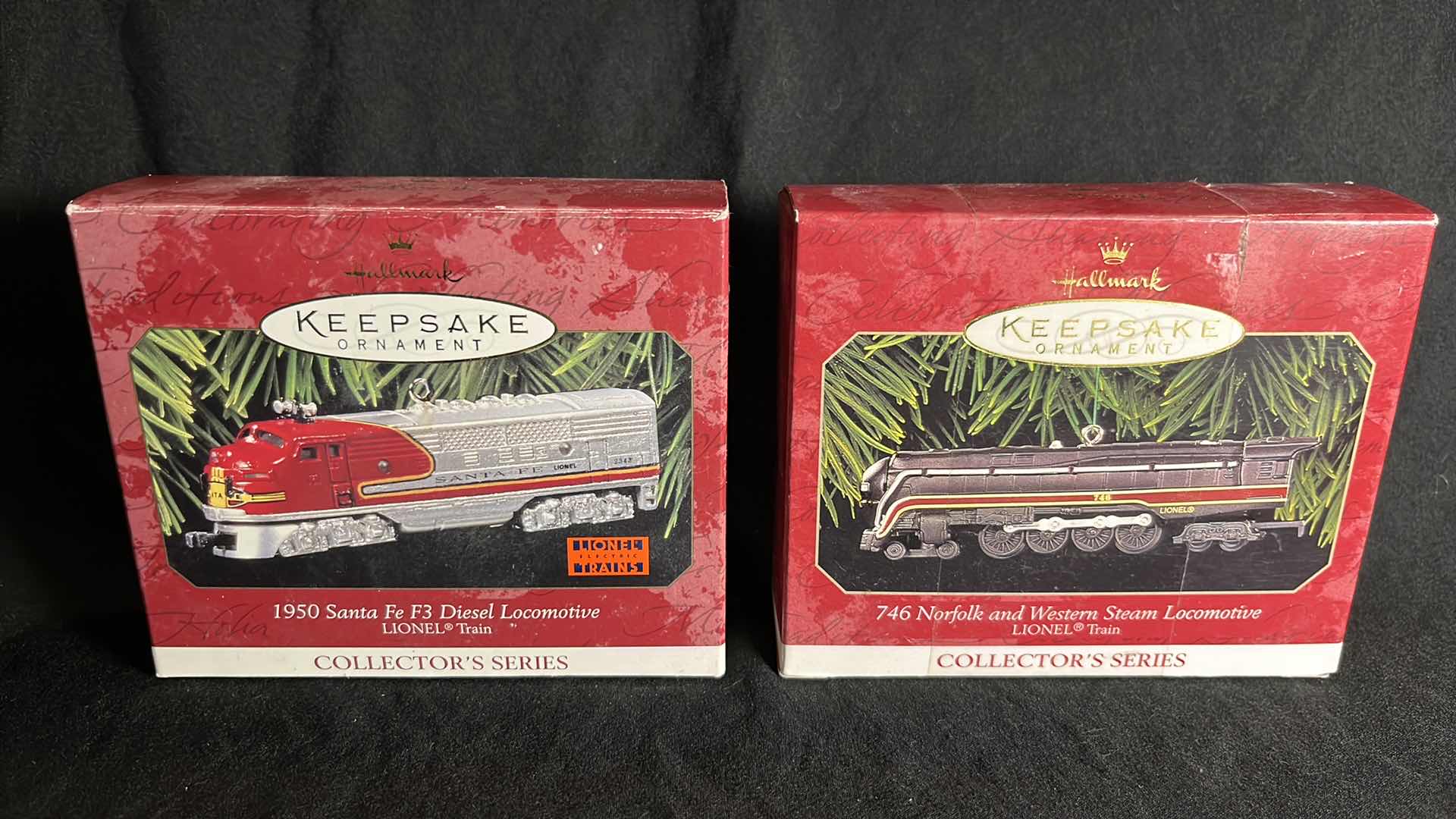 Photo 1 of HALLMARK LIONEL TRAIN DIE-CAST METAL KEEPSAKE ORNAMENTS 1950 SANTA FE F3 DIESEL LOCOMOTIVE 1997 (QX6145) & 746 NORFOLK AND WESTERN STEAM LOCOMOTIVE 1999 (#QX6377)