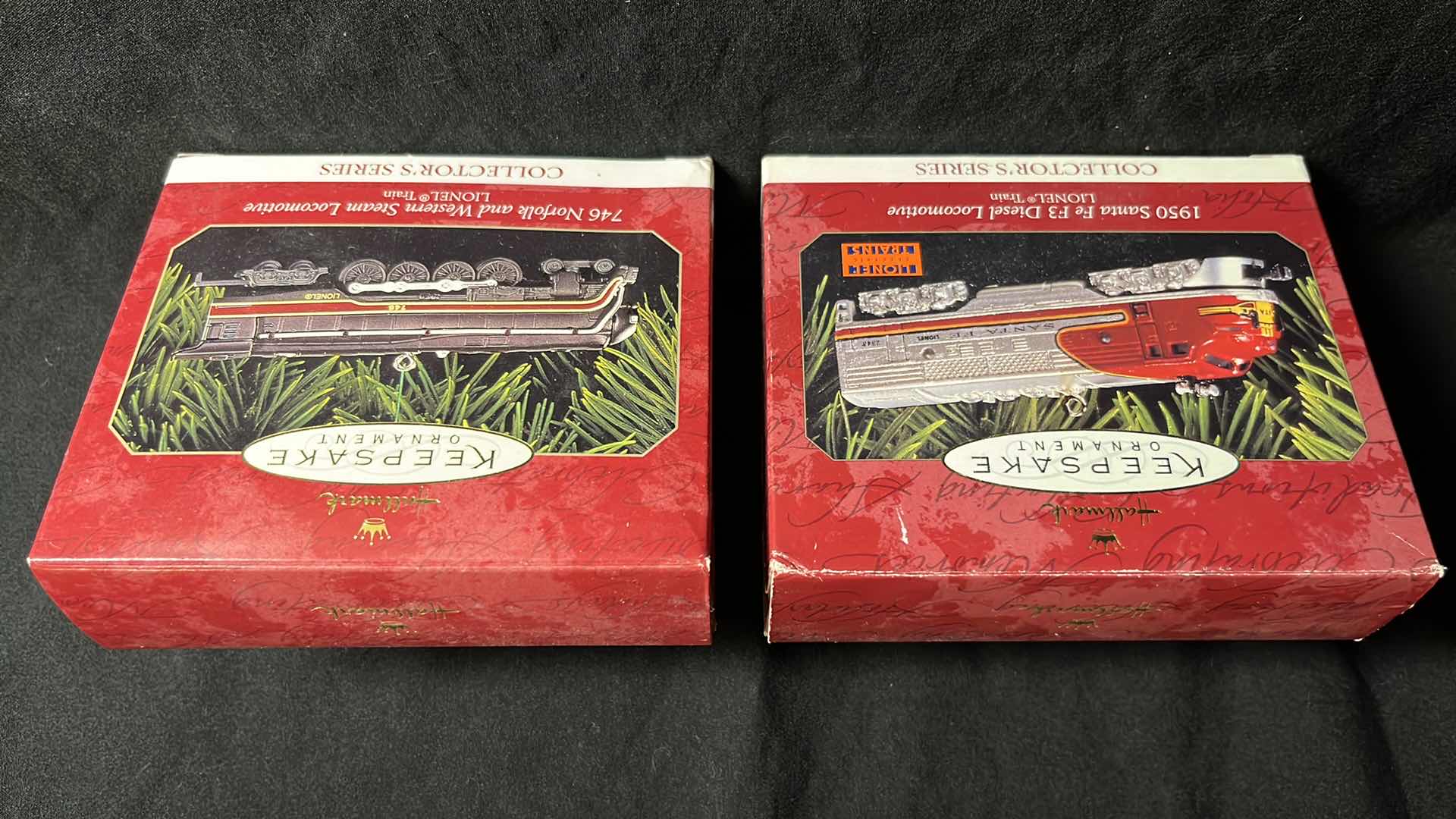 Photo 1 of HALLMARK LIONEL TRAIN DIE-CAST METAL KEEPSAKE ORNAMENTS 1950 SANTA FE F3 DIESEL LOCOMOTIVE 1997 (QX6145) & 746 NORFOLK AND WESTERN STEAM LOCOMOTIVE 1999 (#QX6377)