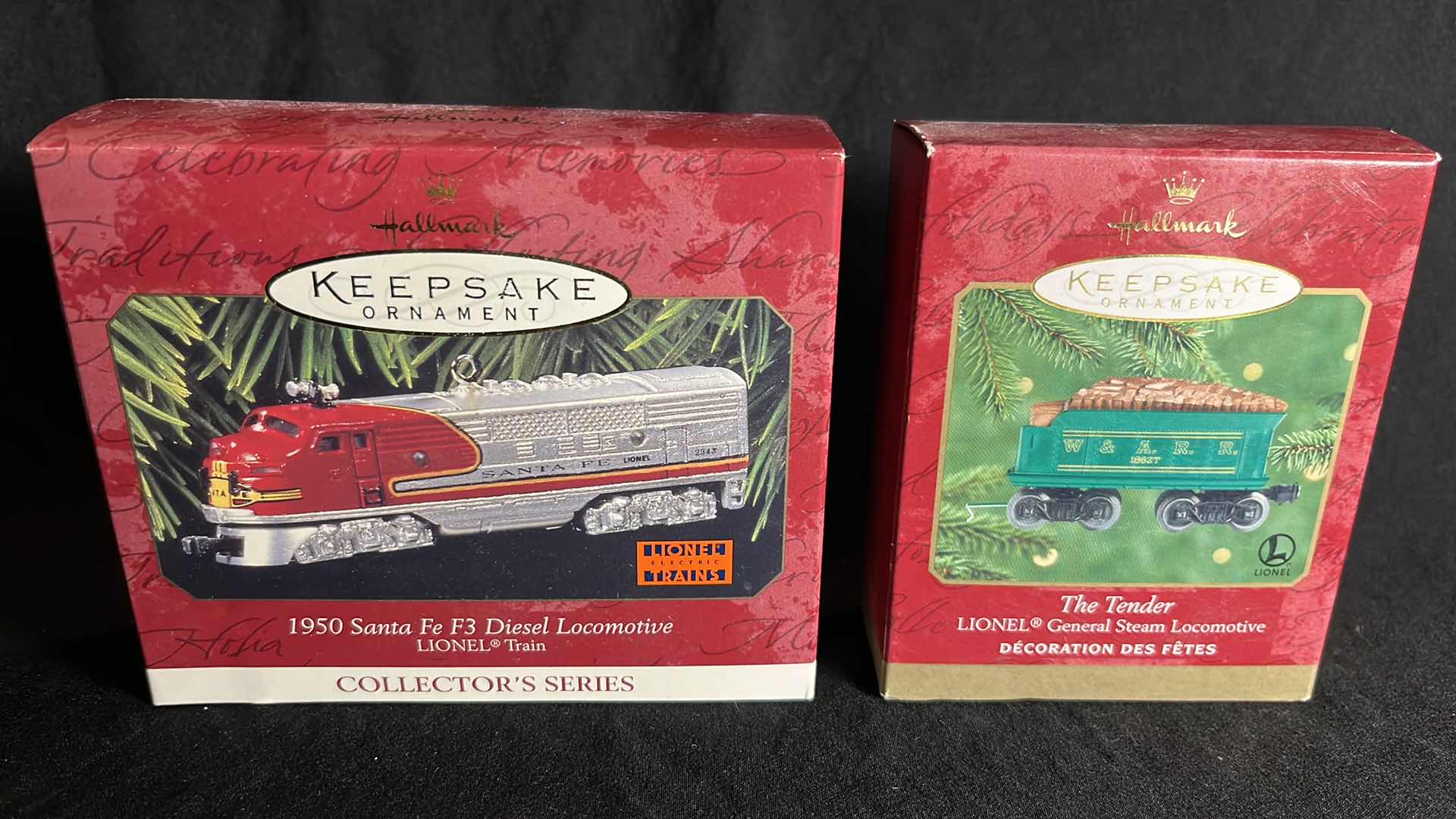 Photo 1 of HALLMARK LIONEL TRAIN DIE-CAST METAL KEEPSAKE ORNAMENTS 1950 SANTA FE F3 DIESEL LOCOMOTIVE 1997 (QX6145) & THE TENDER GENERAL STEAM LOCOMOTIVE 2000 (#QX6834)