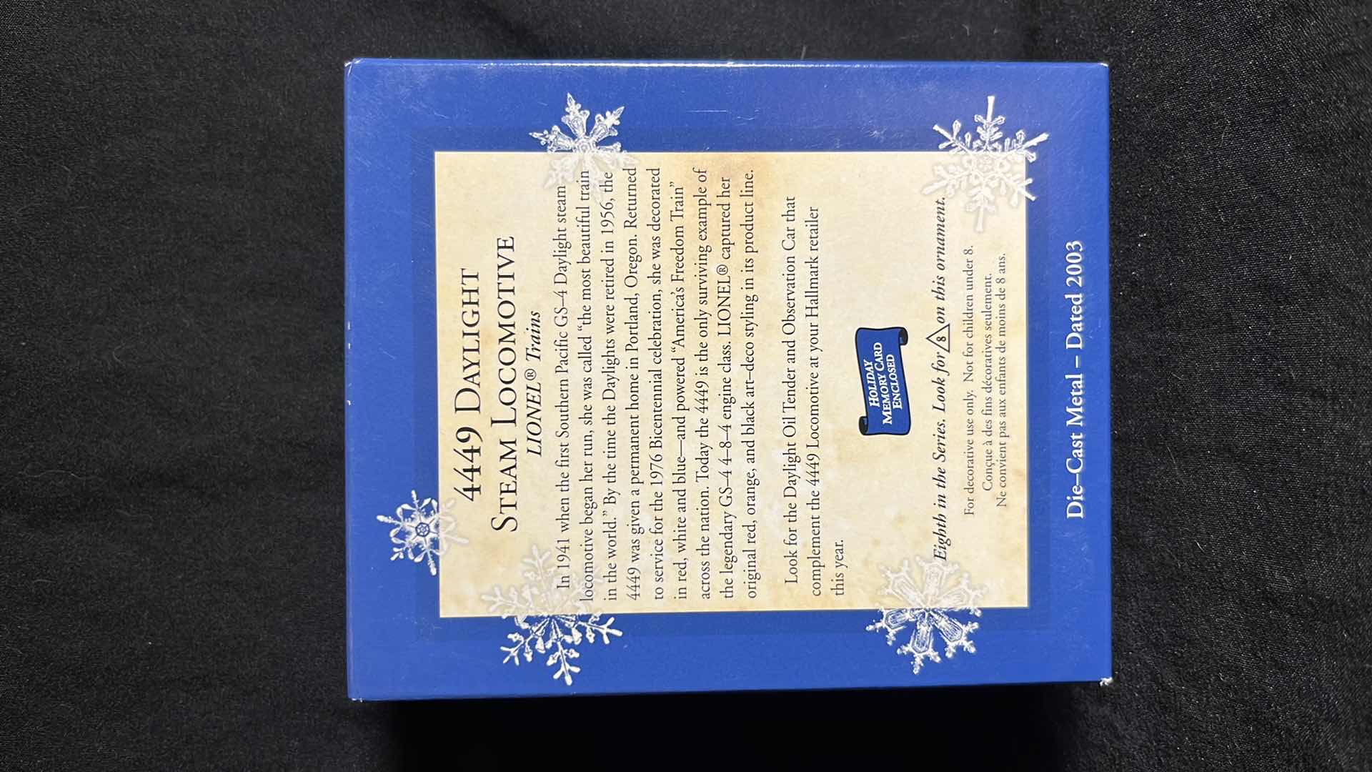 Photo 7 of HALLMARK LIONEL TRAIN DIE-CAST METAL KEEPSAKE ORNAMENTS BLUE COMET 400E STEAM LOCOMOTIVE 2002 (#QX8166) & 4449 DAYLIGHT STEAM LOCOMOTIVE 2003 (#QX8087)