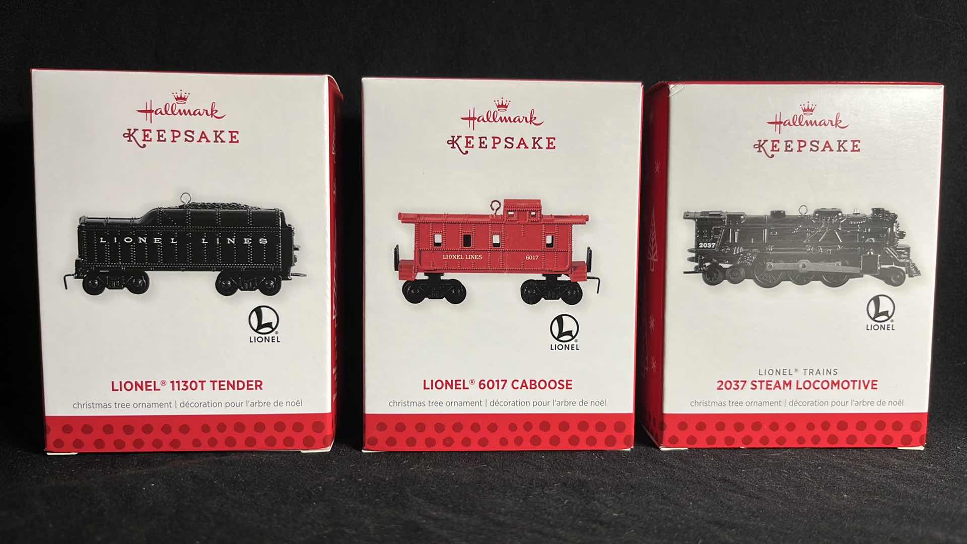 Photo 1 of HALLMARK LIONEL TRAIN ARTIST CRAFTED & METAL KEEPSAKE ORNAMENTS 1130T TENDER 2013 (#QXI2142), 6017 CABOOSE 2013 (#QXI2145) & 2037 STEAM LOCOMOTIVE 2013 (#QX9155)