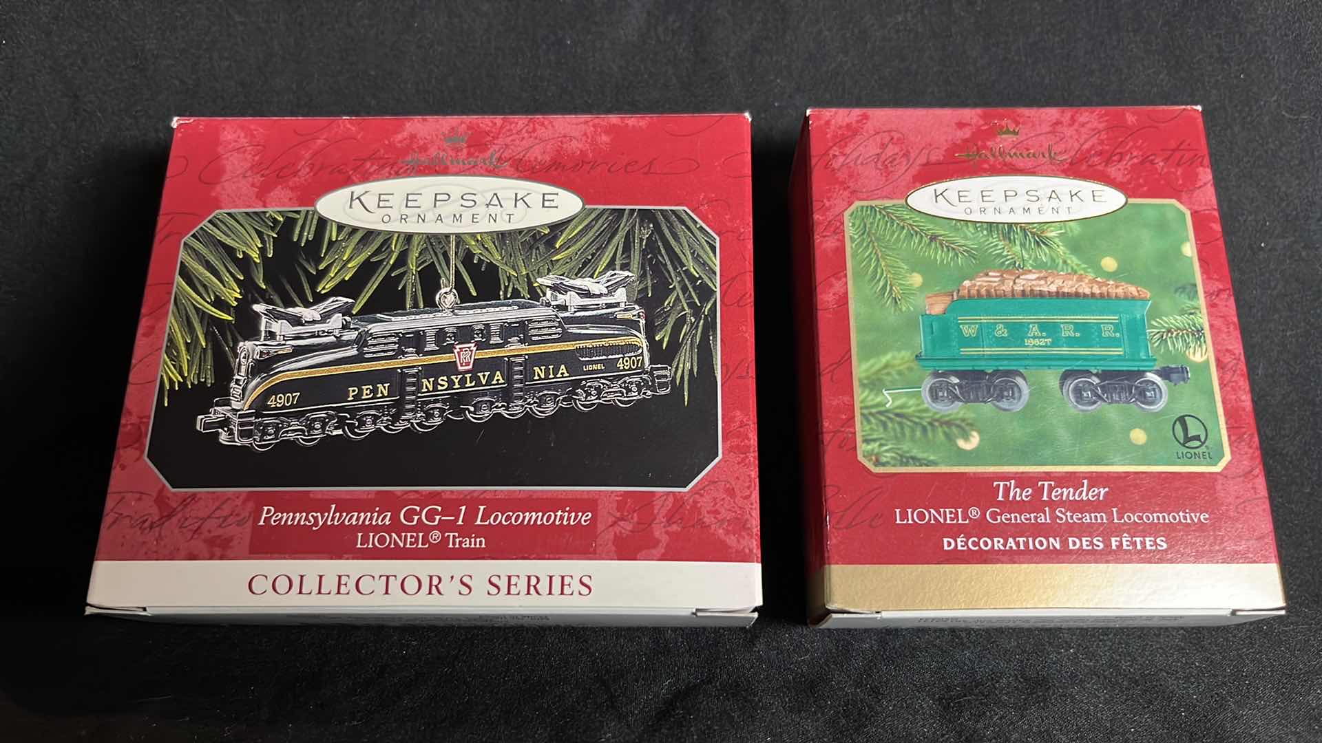 Photo 1 of HALLMARK LIONEL TRAIN DIE-CAST METAL KEEPSAKE ORNAMENTS PENNSYLVANIA GG-1 LOCOMOTIVE 1998 (#QX6346) & THE TENDER GENERAL STEAM LOCOMOTIVE 2000 (#QX6834)