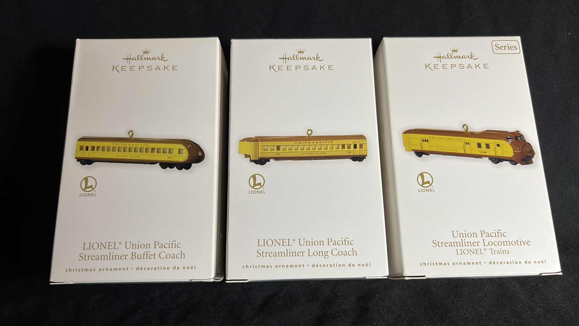 Photo 1 of HALLMARK LIONEL TRAIN HANDCRAFTED & METAL KEEPSAKE ORNAMENTS UNION PACIFIC STREAMLINER BUFFET COACH 2010 (#QXI2013), UNION PACIFIC STREAMLINER LONG COACH 2010 (#QXI2023) & UNION PACIFIC STREAMLINER LOCOMOTIVE 2010 (#QX8626)