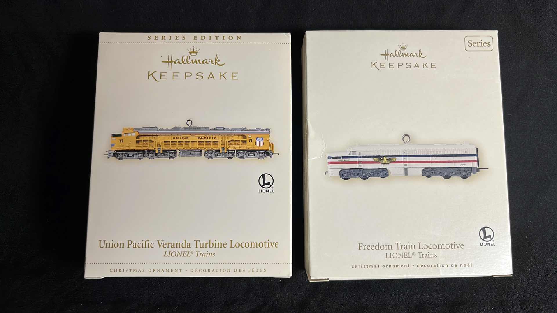 Photo 1 of HALLMARK LIONEL TRAIN HANDCRAFTED & METAL KEEPSAKE ORNAMENTS UNION PACIFIC VERANDA TURBINE LOCOMOTIVE 2006 (#QX2323) & FREEDOM TRAIN LOCOMOTIVE 2007 (#QX2347)