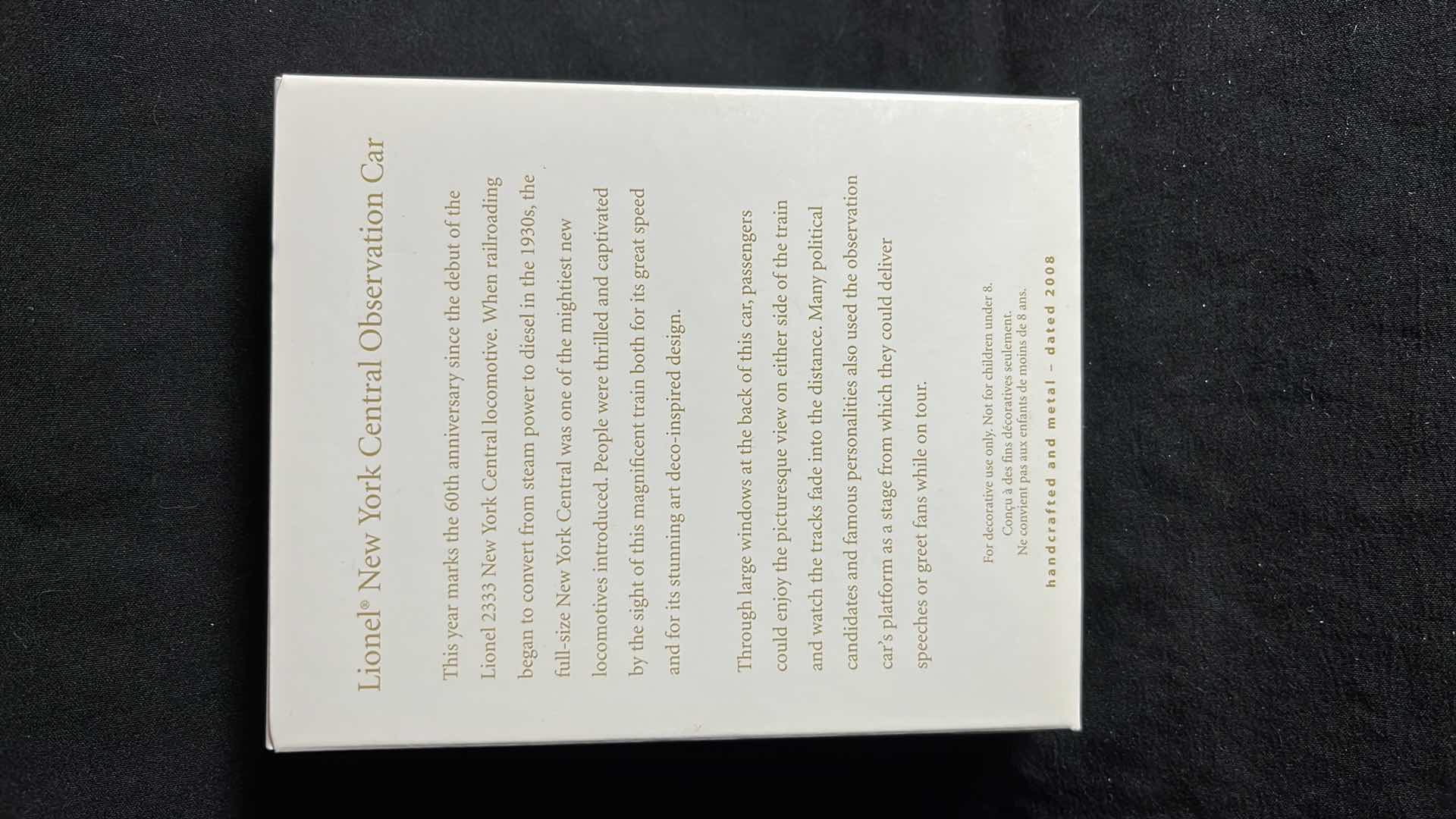 Photo 6 of HALLMARK LIONEL TRAIN HANDCRAFTED & METAL KEEPSAKE ORNAMENTS NEW YORK CENTRAL PASSENGER CAR 2008 (#QXI2004), NEW YORK CENTRAL OBSERVATION CAR 2008 (#QXI2011) & NEW YORK CENTRAL LOCOMOTIVE 2008 (#QX2854)
