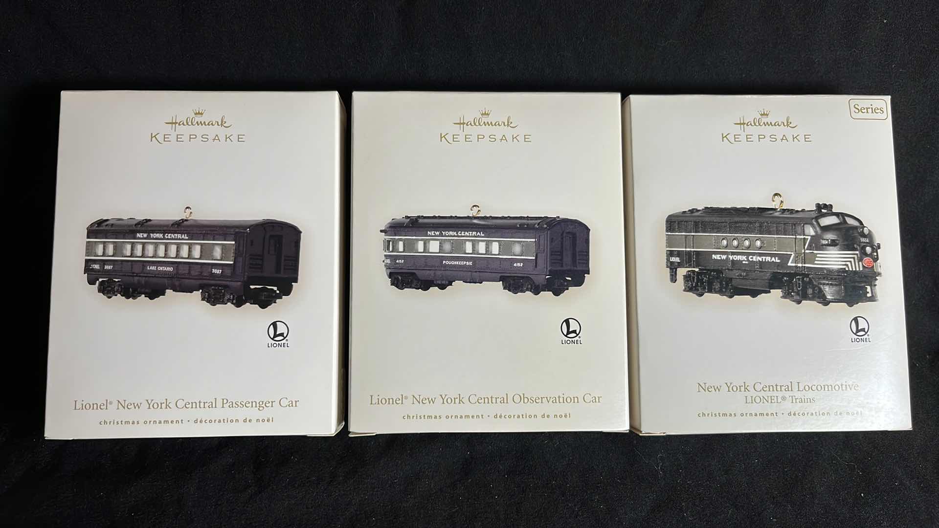 Photo 1 of HALLMARK LIONEL TRAIN HANDCRAFTED & METAL KEEPSAKE ORNAMENTS NEW YORK CENTRAL PASSENGER CAR 2008 (#QXI2004), NEW YORK CENTRAL OBSERVATION CAR 2008 (#QXI2011) & NEW YORK CENTRAL LOCOMOTIVE 2008 (#QX2854)