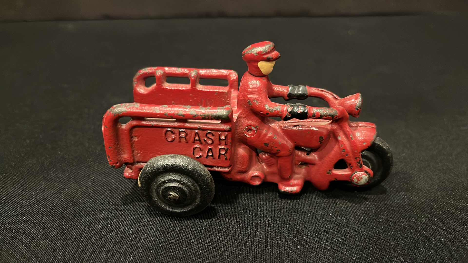 Photo 1 of ANTIQUE 1930’S HUBLEY CAST IRON TOY, 3-WHEEL CRASH CAR MOTORCYCLE