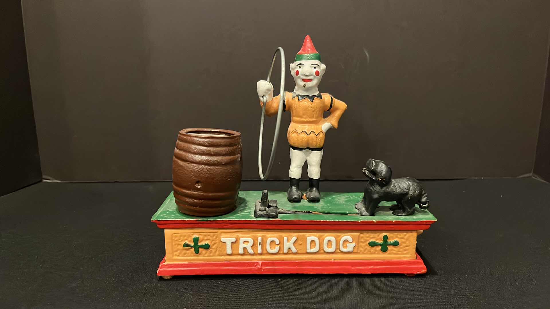 Photo 1 of ANTIQUE CAST IRON TRICK DOG MECHANICAL COIN BANK, PATENTED IN 1888