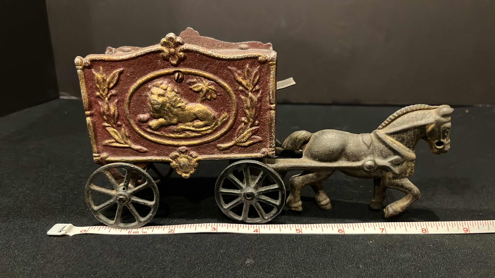 Photo 1 of ANTIQUE CAST IRON HORSE DRAWN CIRCUS LION WAGON 8.5”