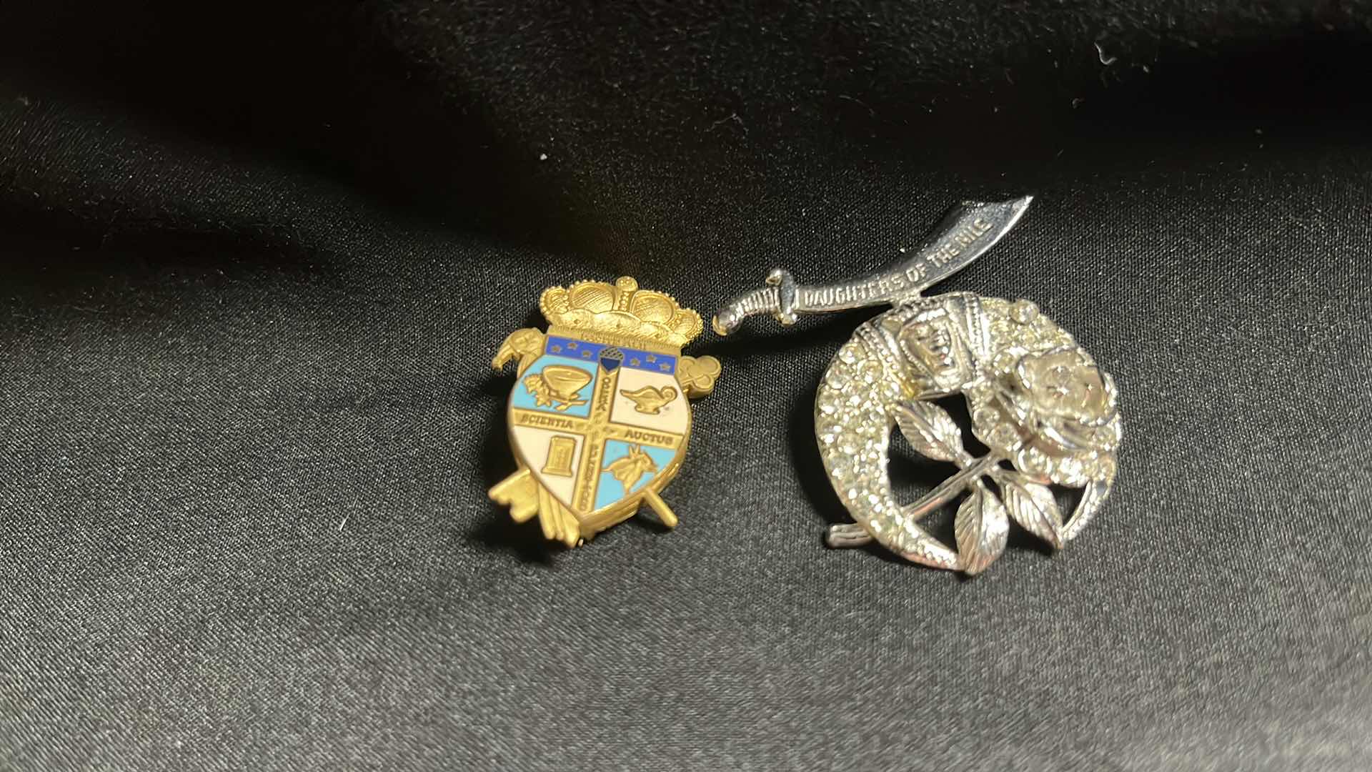 Photo 1 of VINTAGE FACITE ALII OPERA AUCTUS PULCHIRITUDO SHIELD FRATERNITY PIN AND FRATERNAL DAUGHTERS OF THE NILE SILVER TONE W RHINESTONES BROOCH PIN