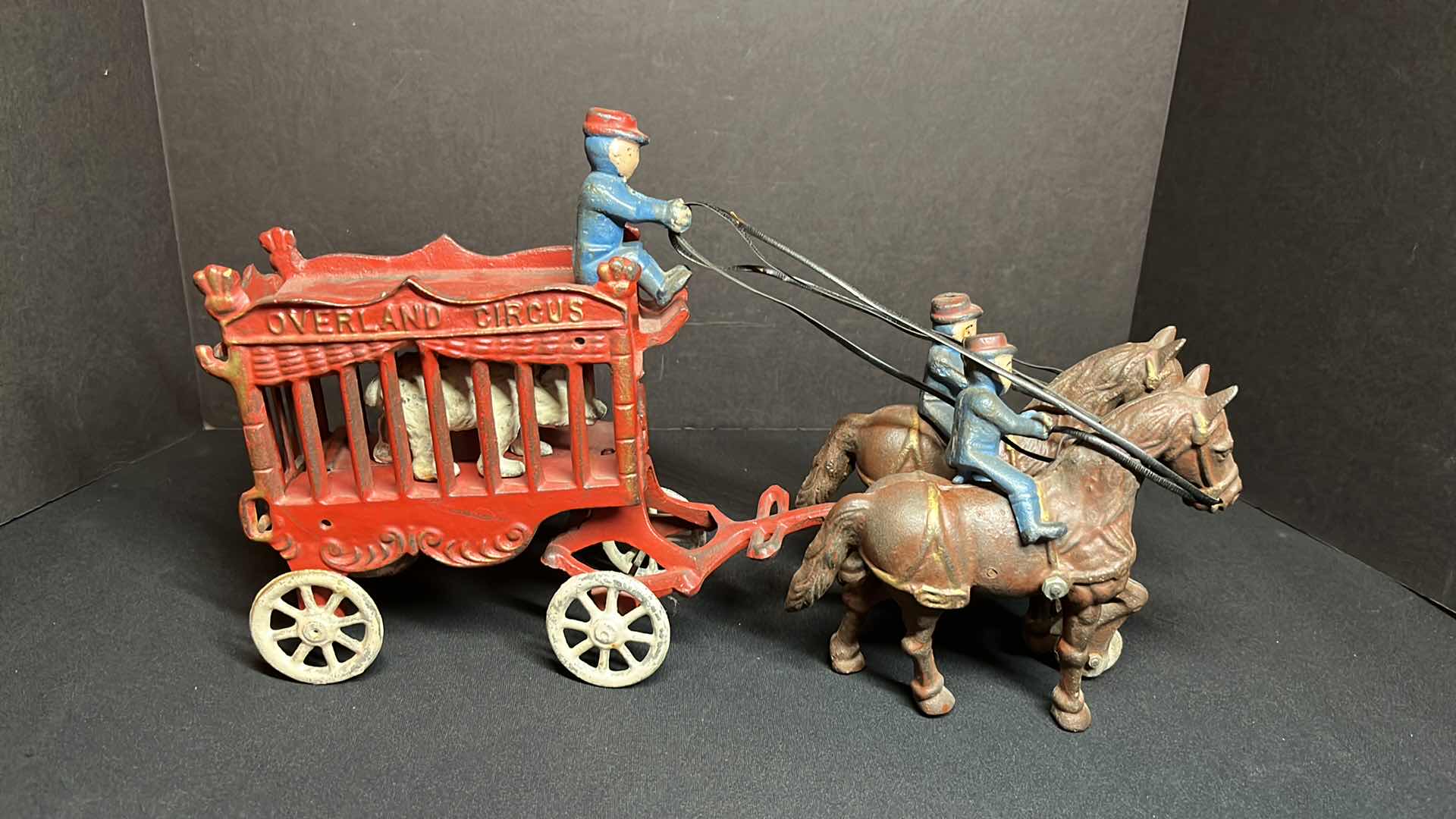 Photo 8 of VINTAGE 2PC- CAST IRON 2 HORSE DRAWN OVERLAND CIRCUS WAGON W 4 FIGURINES