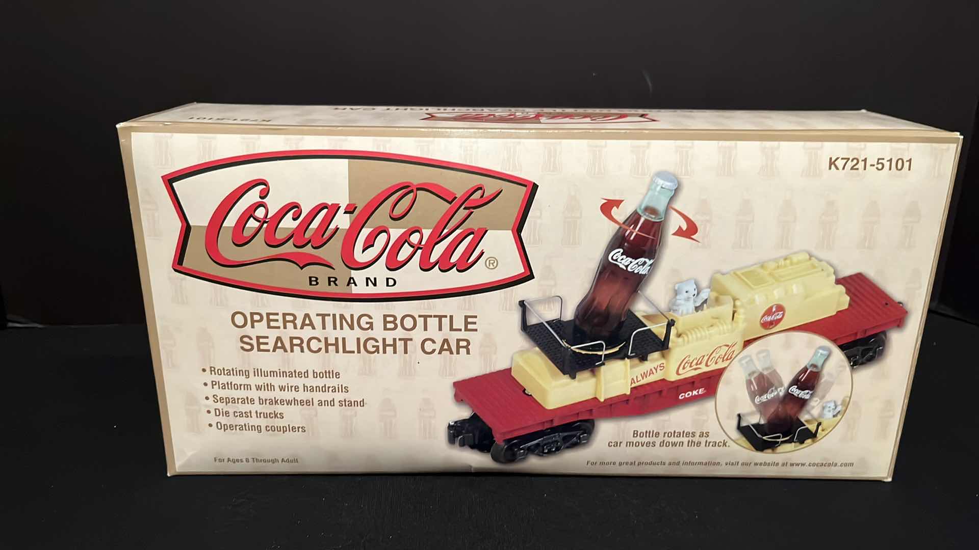 Photo 1 of K-LINE ELECTRIC TRAINS COCA-COLA BRAND OPERATING BOTTLE SEARCHLIGHT CAR (ITEM K721-5101)