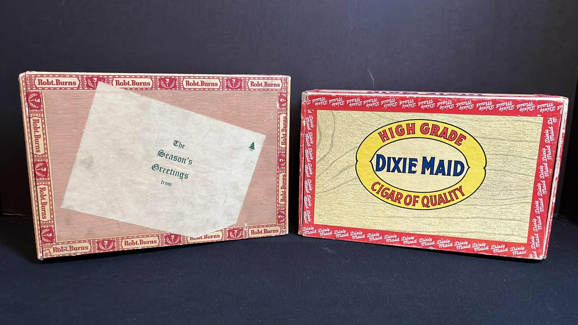 Photo 1 of VINTAGE 2-CIGAR BOXES OF 1950’S, ROBT. BURNS CORONA SUPREME & DIXIE MAID