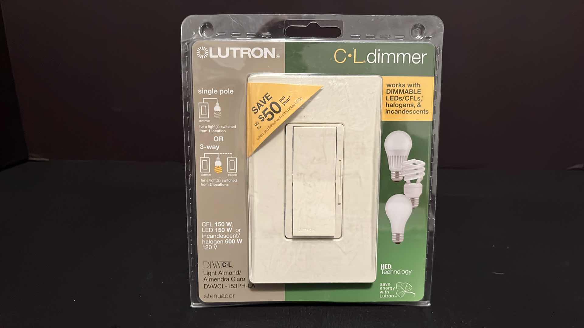 Photo 1 of NIB LUTRON DIVA C L DIMMER SWITCH FOR DIMMABLE LED/HALOGEN, LIGHT ALMOND (DVWCL-153PH-LA)