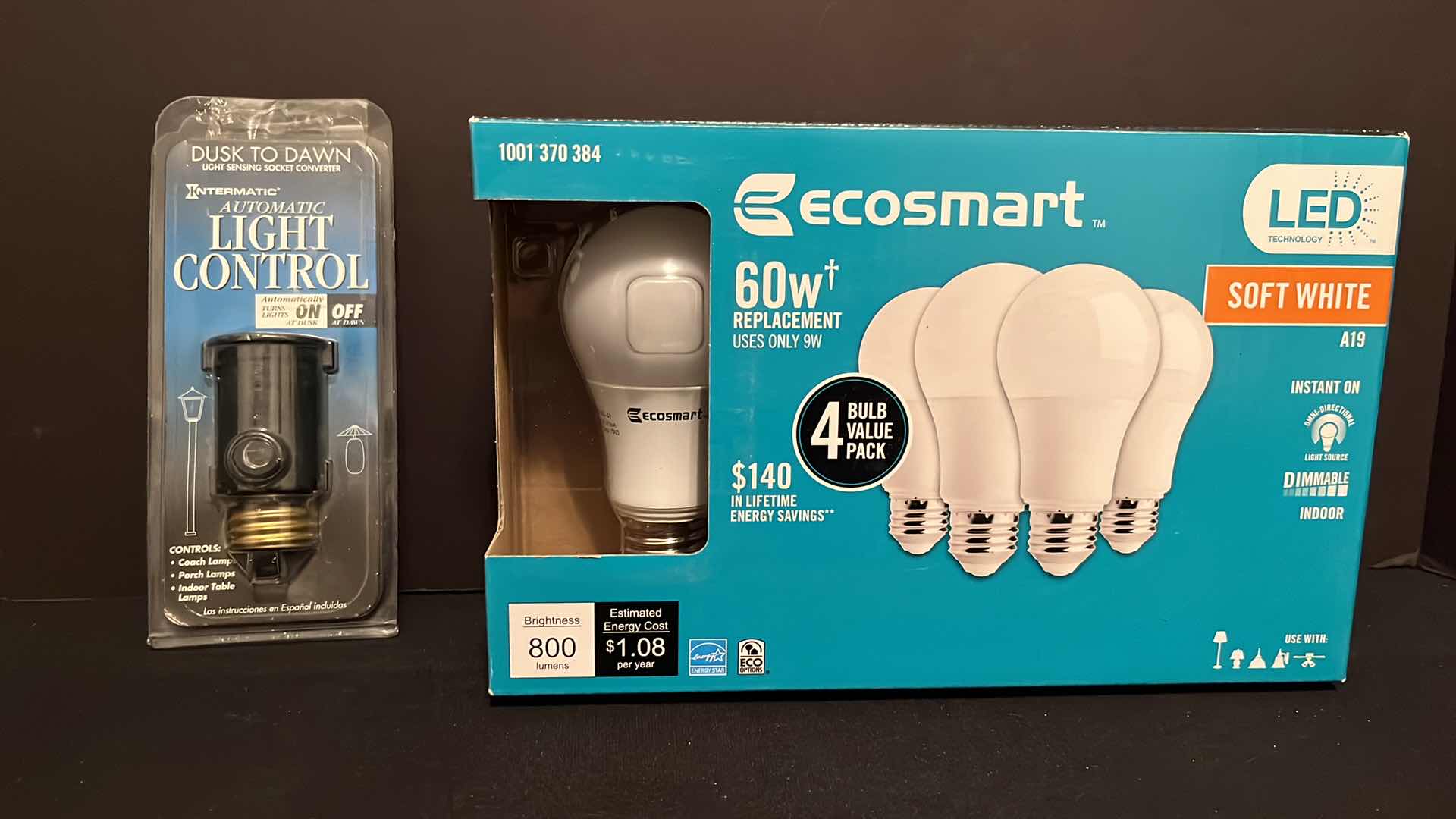 Photo 1 of NIB ECOSMART 4-PACK 60W A19 DIMMABLE ENERGY STAR LED LIGHT BULB SOFT WHITE & INTERMATIC AUTOMATIC LIGHT CONTROL DUSK TO DAWN LIGHT SENSING SOCKET CONVERTER, INDOOR/OUTDOOR 150W AT 120 VAC (MODEL NE1C)