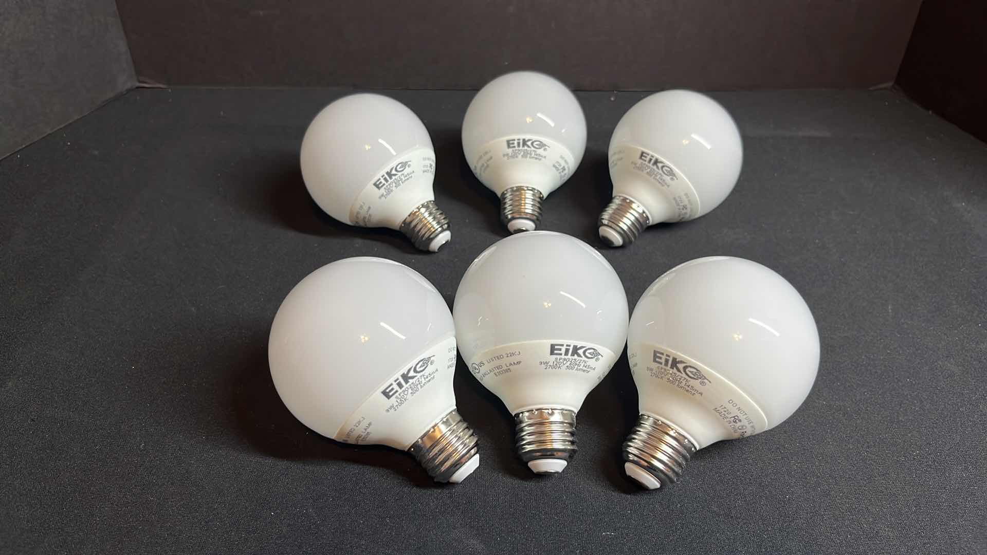 Photo 1 of EIKO 6-GLOBE SHAPED SPIRAL MEDIUM SCREW BASE LIGHT BULBS SP9G25/27K 9W 120V