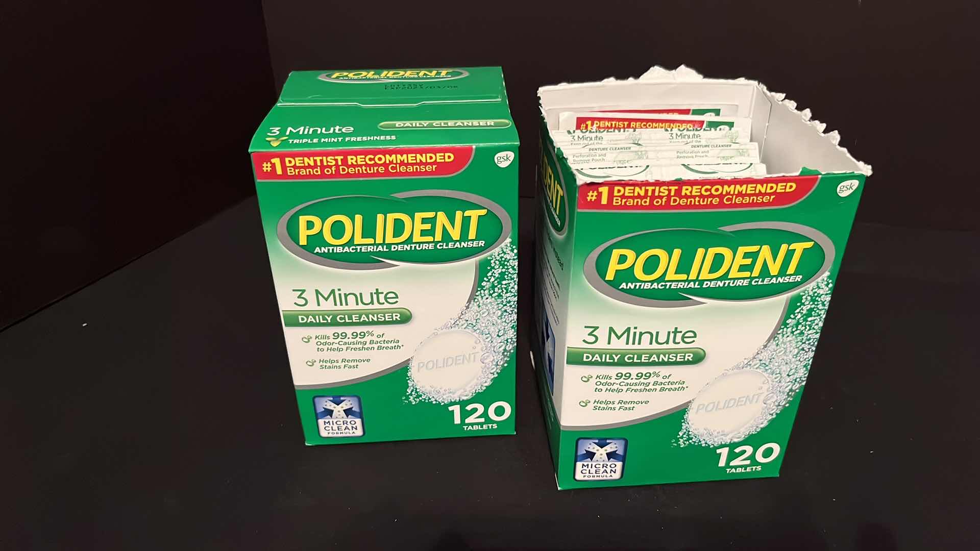 Photo 3 of POLIDENT ANTIBACTERIAL DENTURE CLEANSER TABLETS (1 FULL BOX, 1 HALF BOX), 3-SUPER POLIGRIP DENTURE ADHESIVE CREAM (.30 OZ) & NIP DENTAL BATH CONTAINER