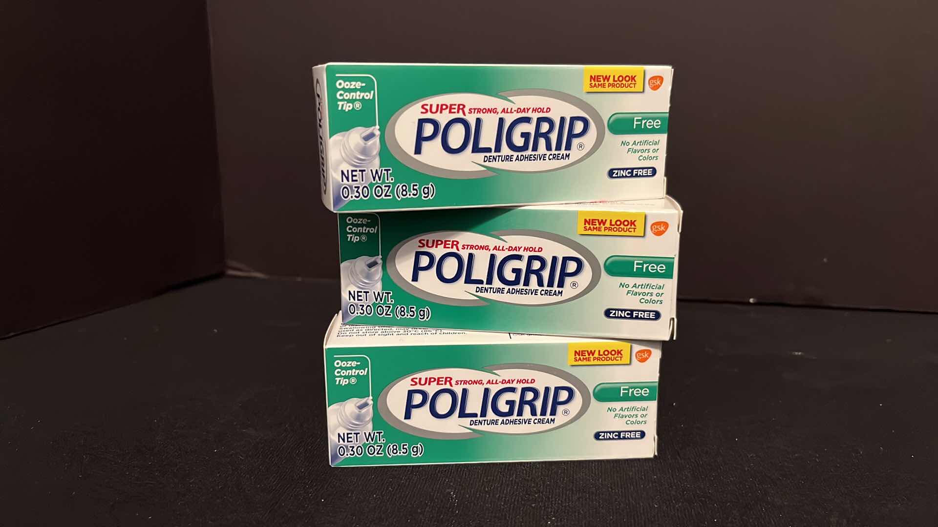 Photo 2 of POLIDENT ANTIBACTERIAL DENTURE CLEANSER TABLETS (1 FULL BOX, 1 HALF BOX), 3-SUPER POLIGRIP DENTURE ADHESIVE CREAM (.30 OZ) & NIP DENTAL BATH CONTAINER