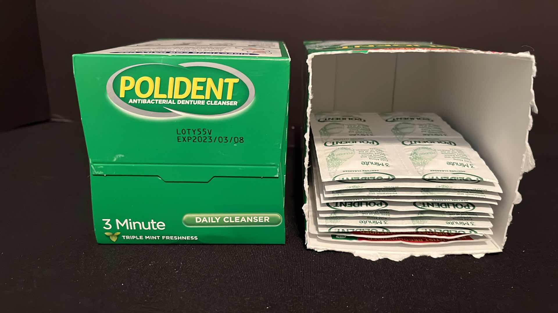 Photo 4 of POLIDENT ANTIBACTERIAL DENTURE CLEANSER TABLETS (1 FULL BOX, 1 HALF BOX), 3-SUPER POLIGRIP DENTURE ADHESIVE CREAM (.30 OZ) & NIP DENTAL BATH CONTAINER