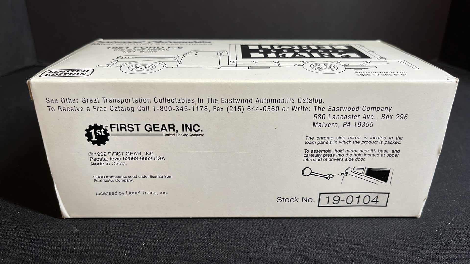Photo 9 of NIB FIRST GEAR INC EASTWOOD AUTOMOBILIA TRANSPORTATION COLLECTABLES LIONEL ELECTRIC TRAINS DIE-CAST METAL 1/34 SCALE 1951 FORD F-6, 1992 (STOCK #19-0104)