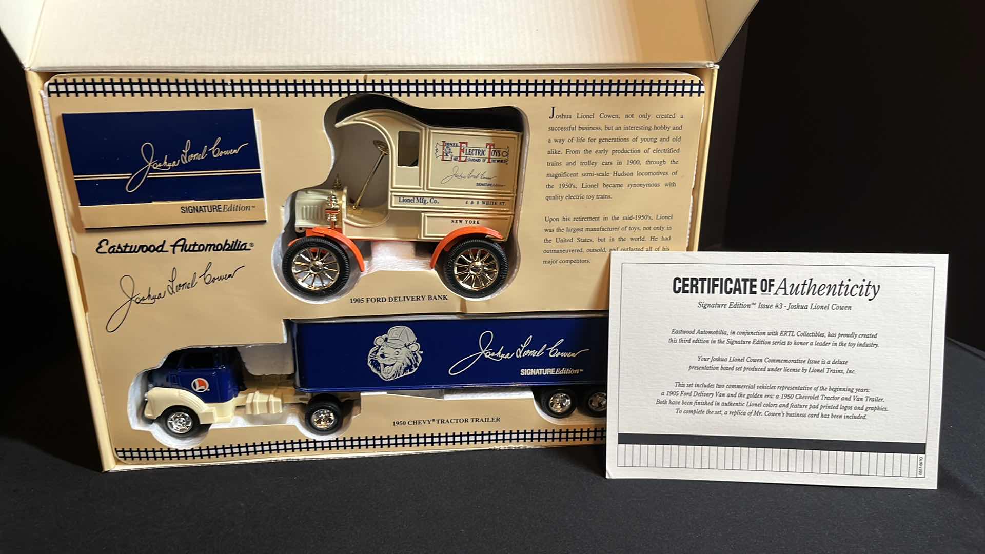 Photo 2 of ERTL COMPANY EASTWOOD AUTOMOBILIA LIONEL ELECTRIC TRAINS DIE-CAST METAL SIGNATURE EDITION 1905 FORD DELIVERY TRUCK BANK W KEY & 1950 CHEVY TRACTOR TRAILER W COA, 1994 (STOCK #B557)