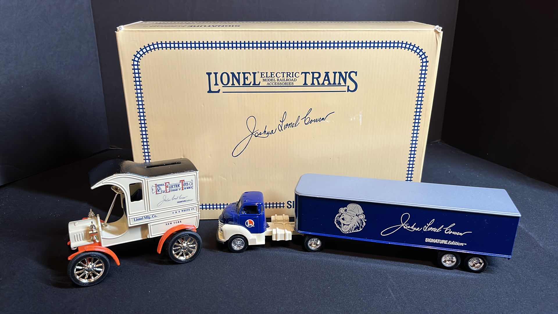 Photo 1 of ERTL COMPANY EASTWOOD AUTOMOBILIA LIONEL ELECTRIC TRAINS DIE-CAST METAL SIGNATURE EDITION 1905 FORD DELIVERY TRUCK BANK W KEY & 1950 CHEVY TRACTOR TRAILER W COA, 1994 (STOCK #B557)