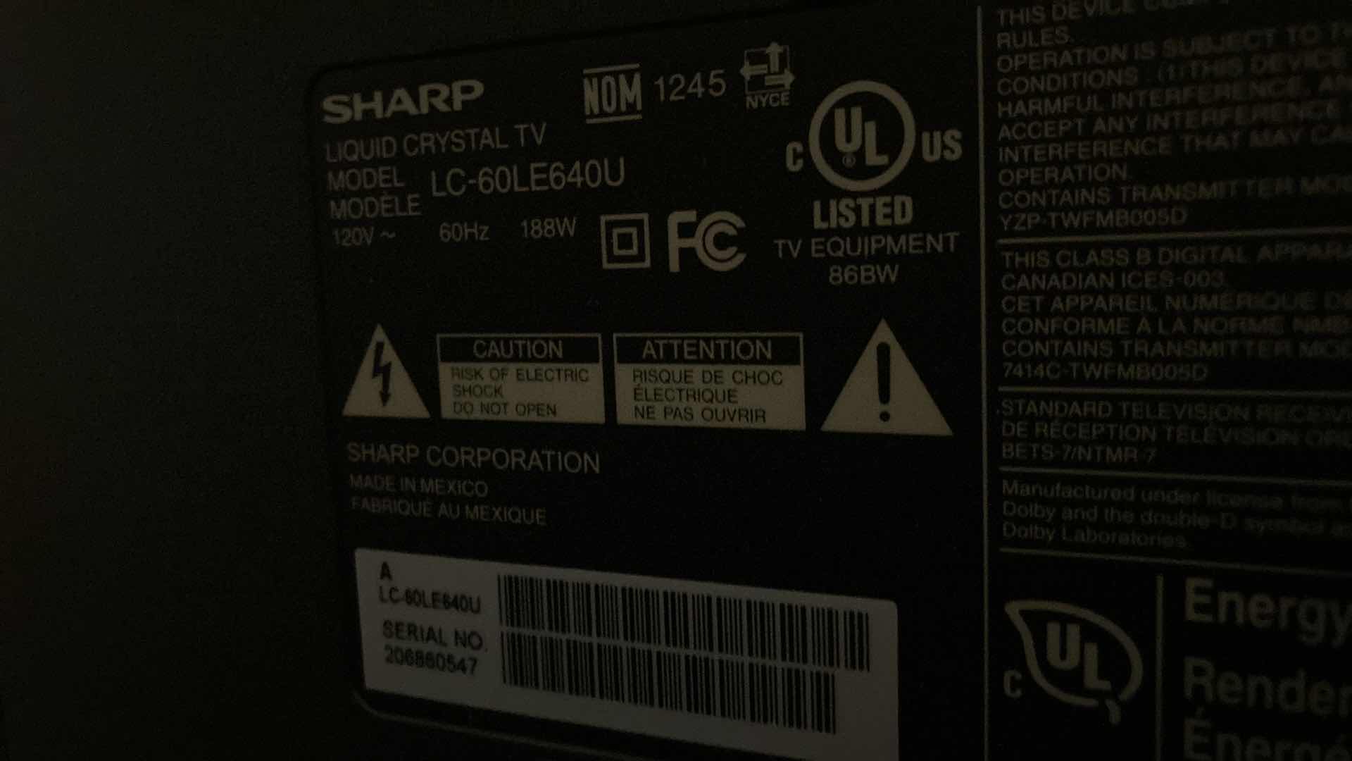Photo 3 of SHARP AQUOS 60” LCD TV MODEL LC-60LE640U W REMOTE