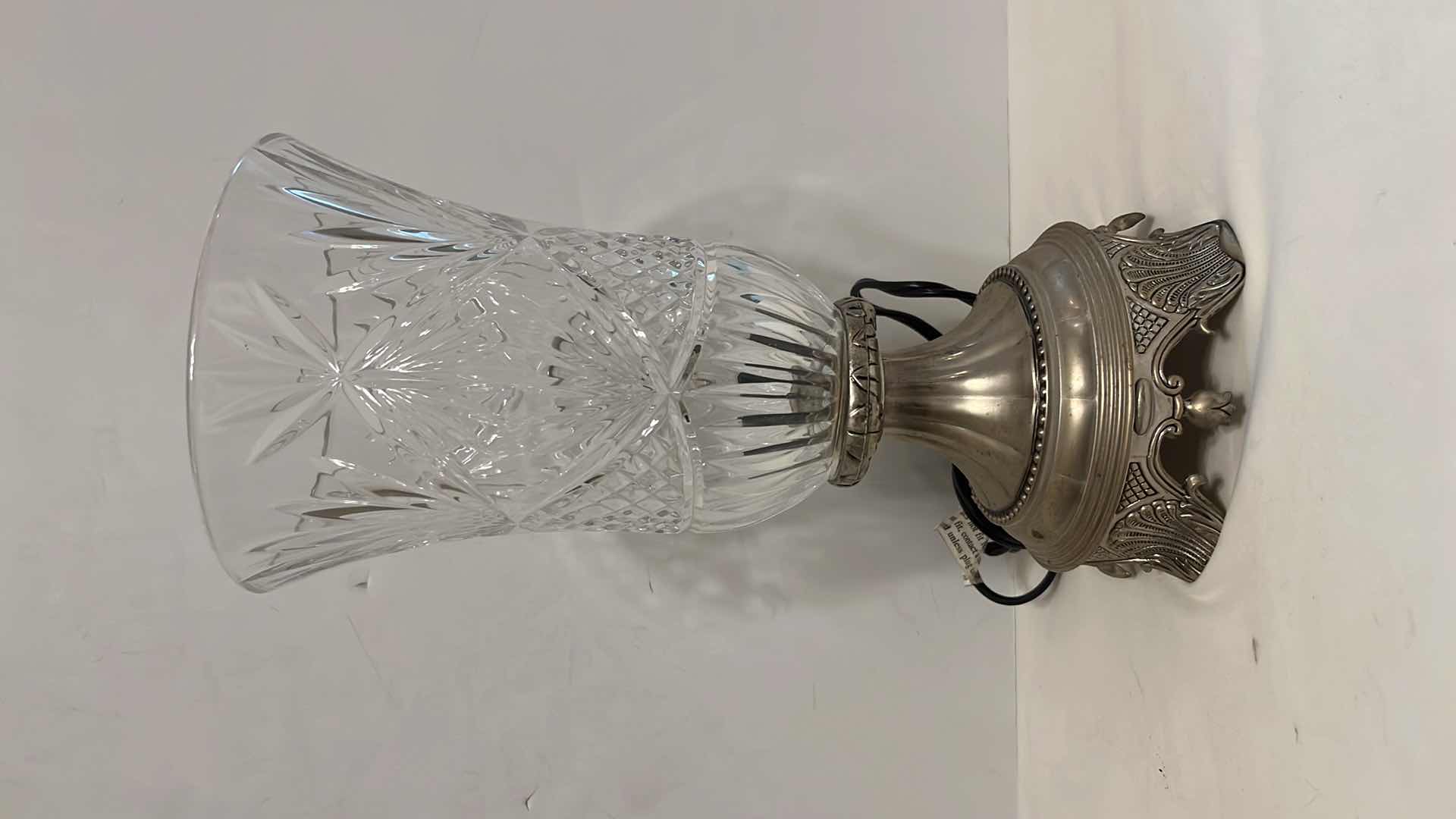 Photo 1 of GODINGER SILVER ART CO VINTAGE CRYSTAL CUT GLASS 12.5” TORCHIERE LAMP W ANTIQUE SILVER METAL BASE MODEL 42781