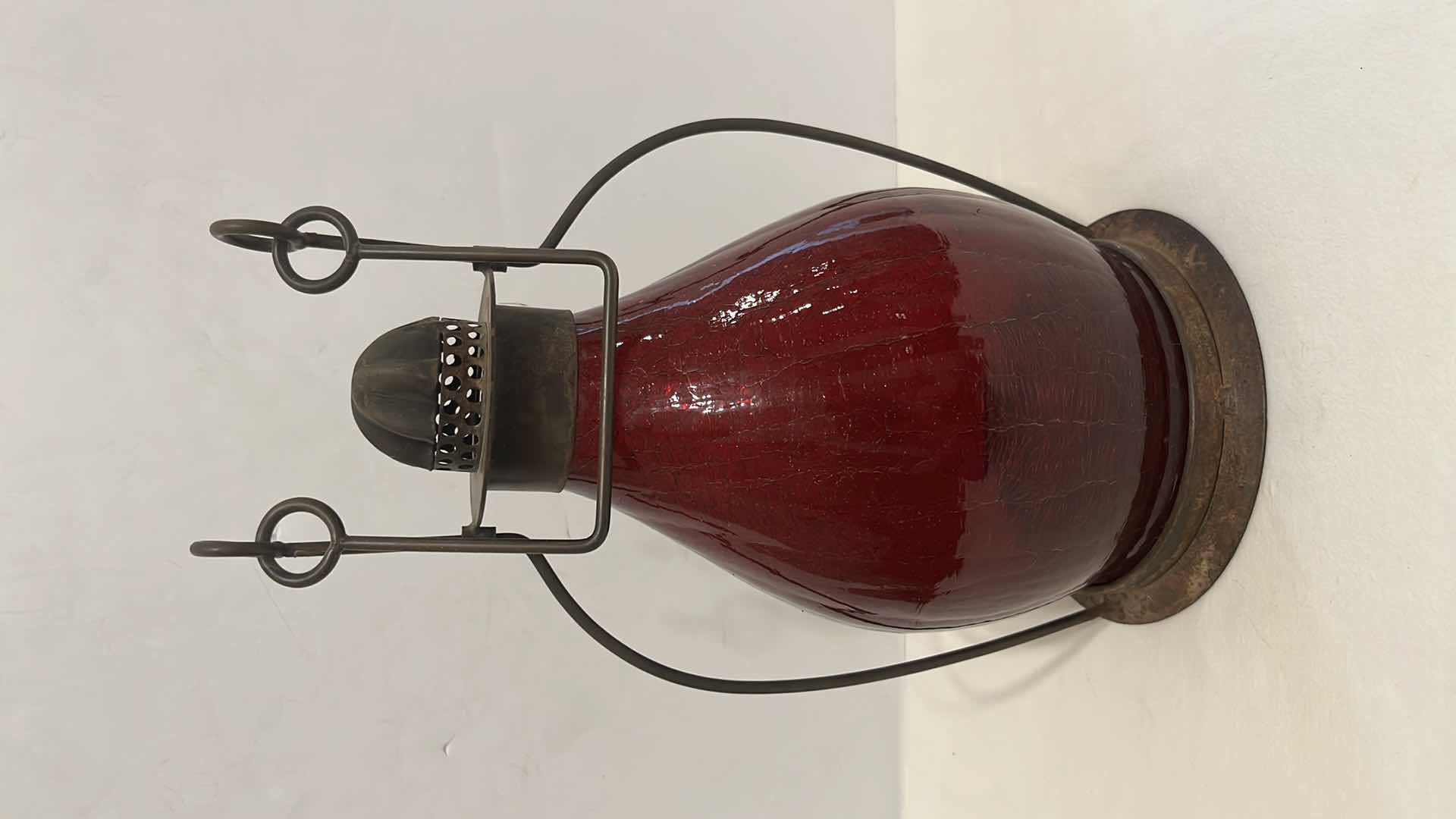 Photo 1 of VINTAGE HAND WROUGHT IRON RED CRACKLE GLASS LANTERN 13”