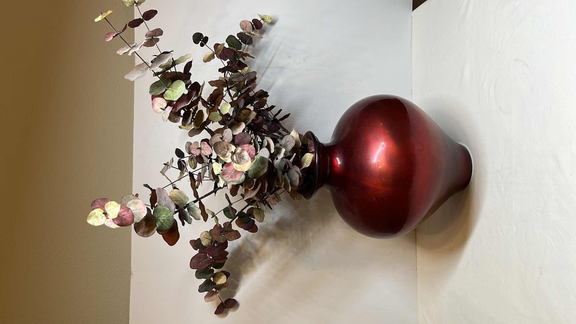 Photo 1 of CERAMIC 13.5” RUBY RED VASE & ARTIFICIAL PLANT