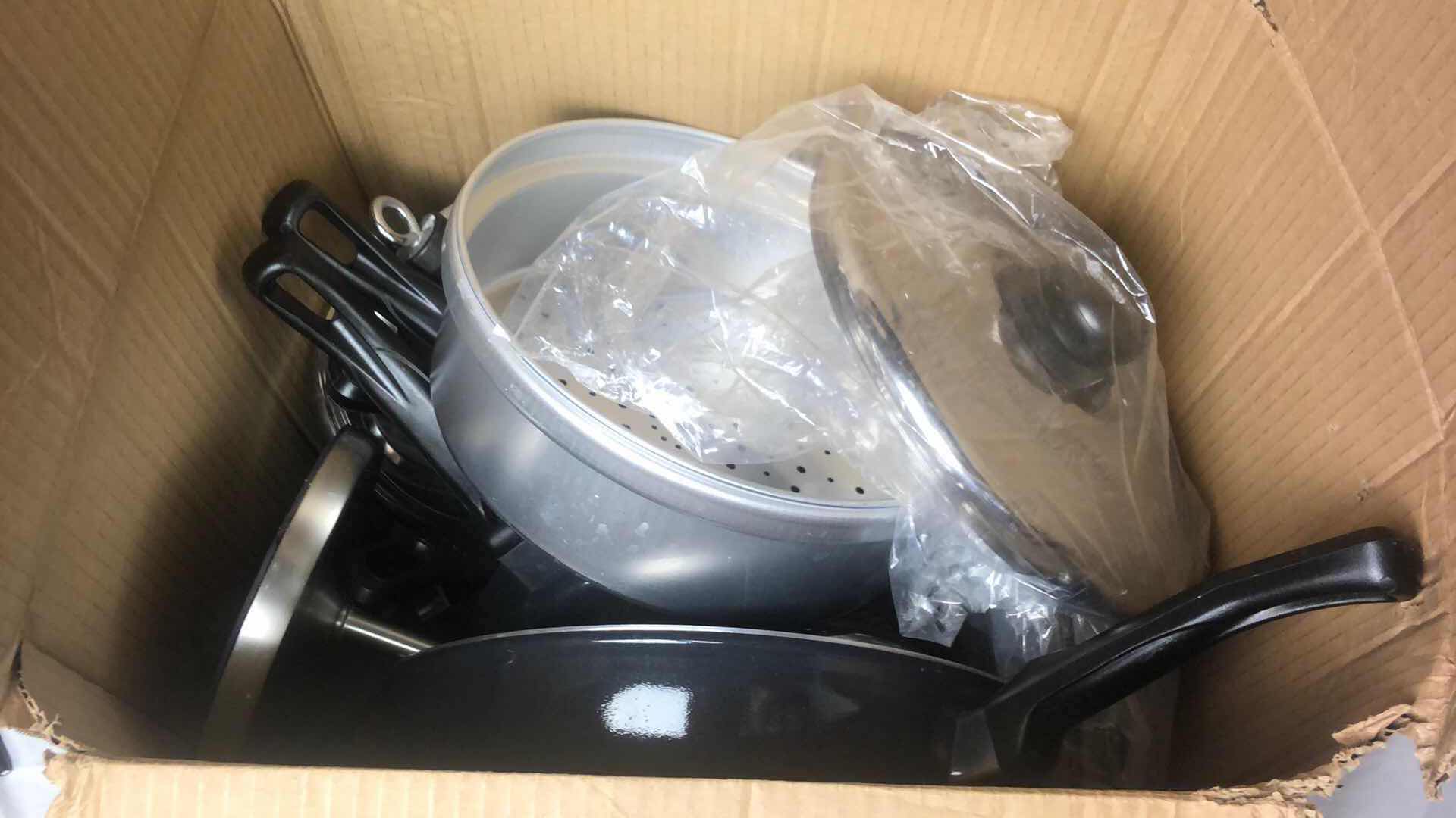 Photo 1 of BOX FULL OF WEAREVER POTS AND PANS W LIDS AND PAPER TOWEL HOLDER