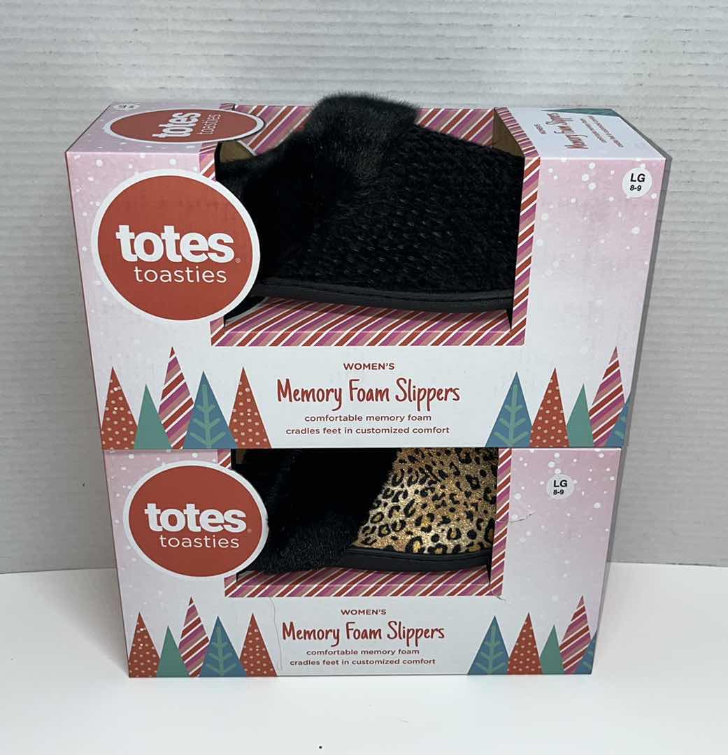 Photo 1 of NEW TOTES TOASTIES WOMENS MEMORY FOAM SLIPPERS, LG 8-9 (2)