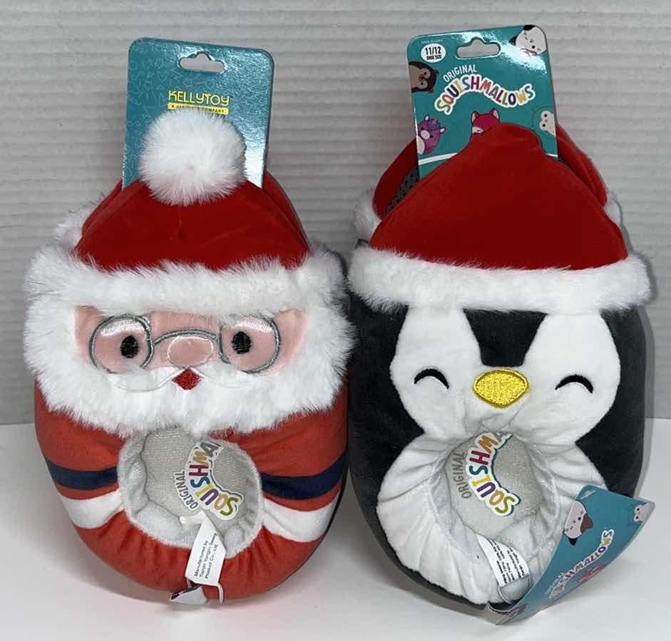 Photo 1 of KELLYTOY SQUISHMALLOWS PLUSH KIDS SLIPPERS, SANTA/PENGUIN SIZE 11-12 (2)