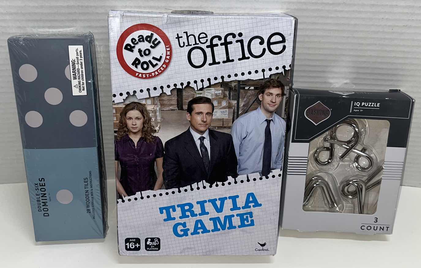 Photo 1 of ASSORTED GAMES- DOUBLE SIX DOMINOES, THE OFFICE TRIVIA & IQ PUZZLE (3)