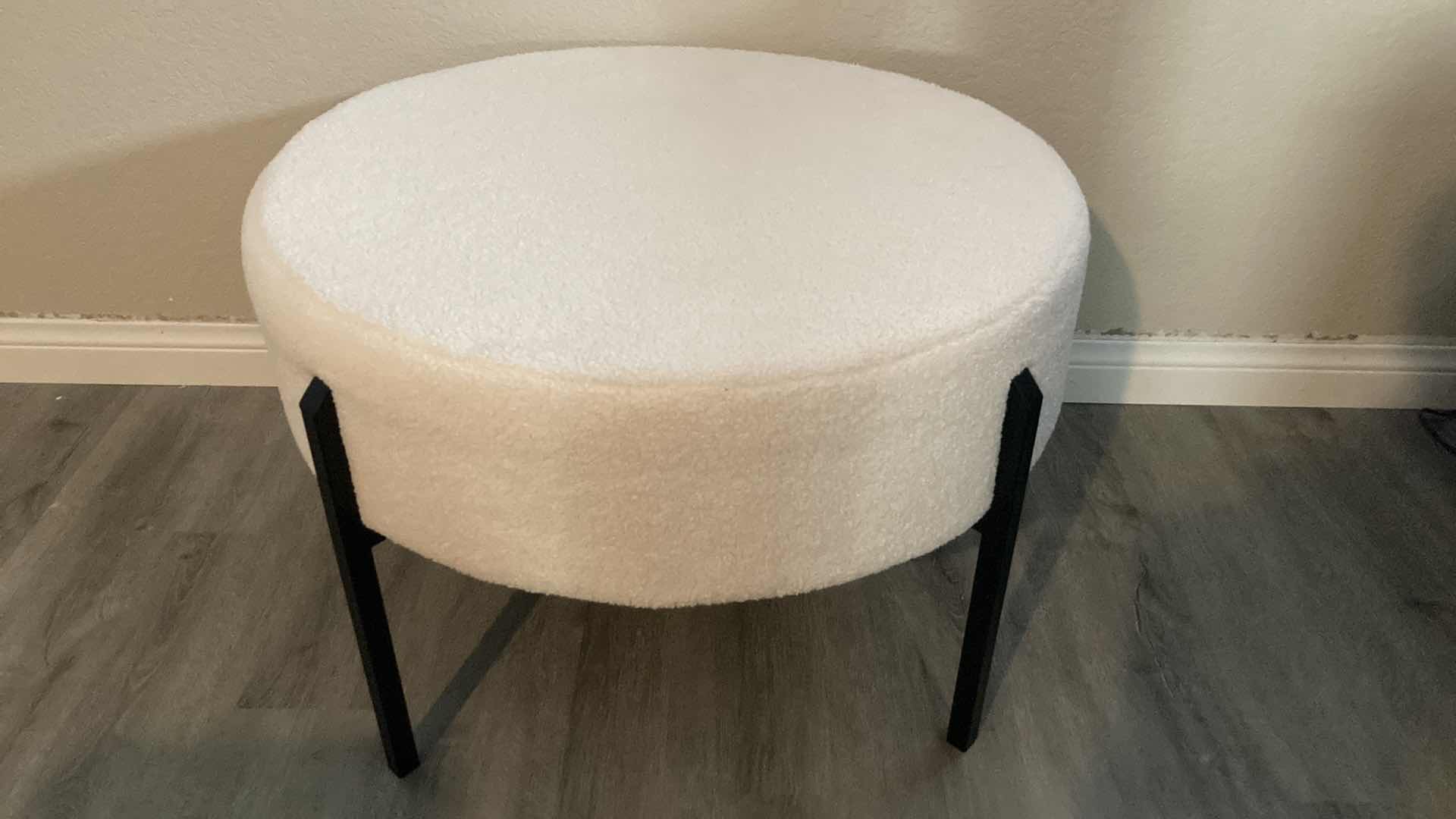 Photo 1 of ROUND CREAM SHERPA UPHOLSTERED BLACK METAL FRAME OTTOMAN 27” X 18”