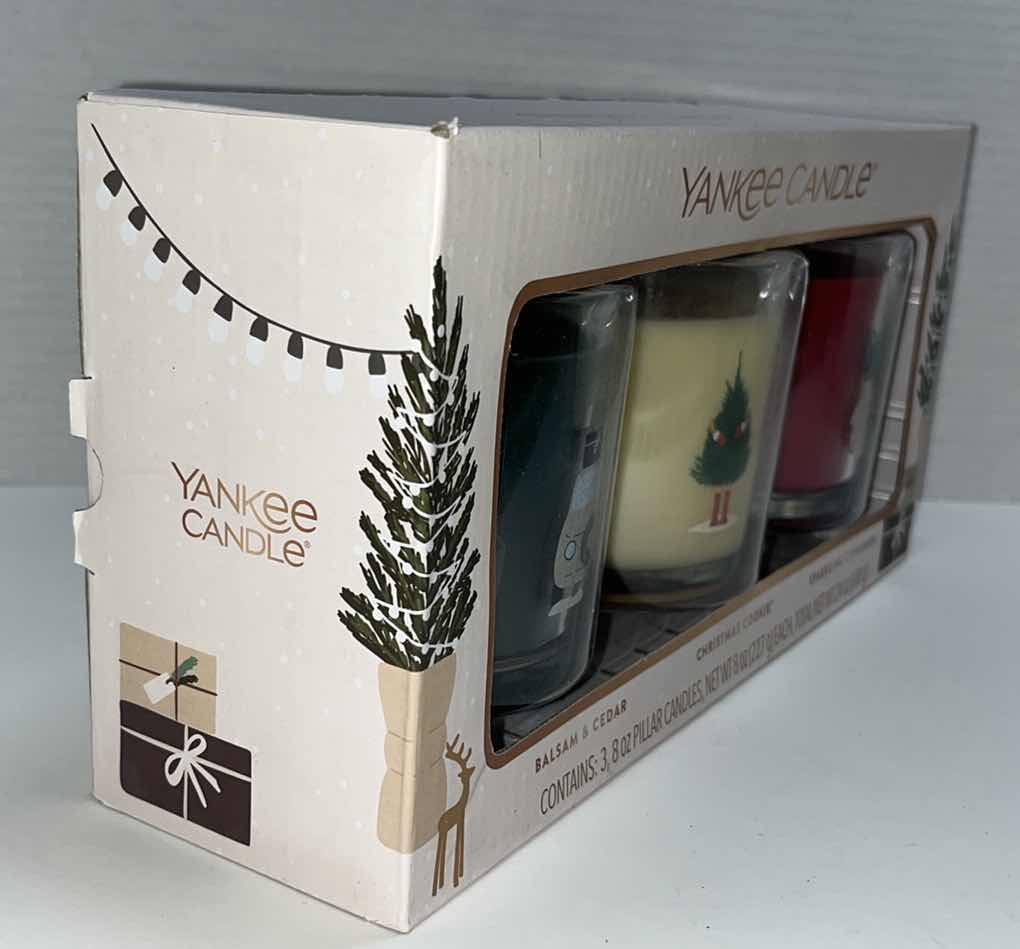 Photo 2 of $31.00   NEW YANKEE CANDLE HOLIDAY CANDLE GIFT SET, THREE 8 OZ PILLAR SCENTED CANDLES (1)