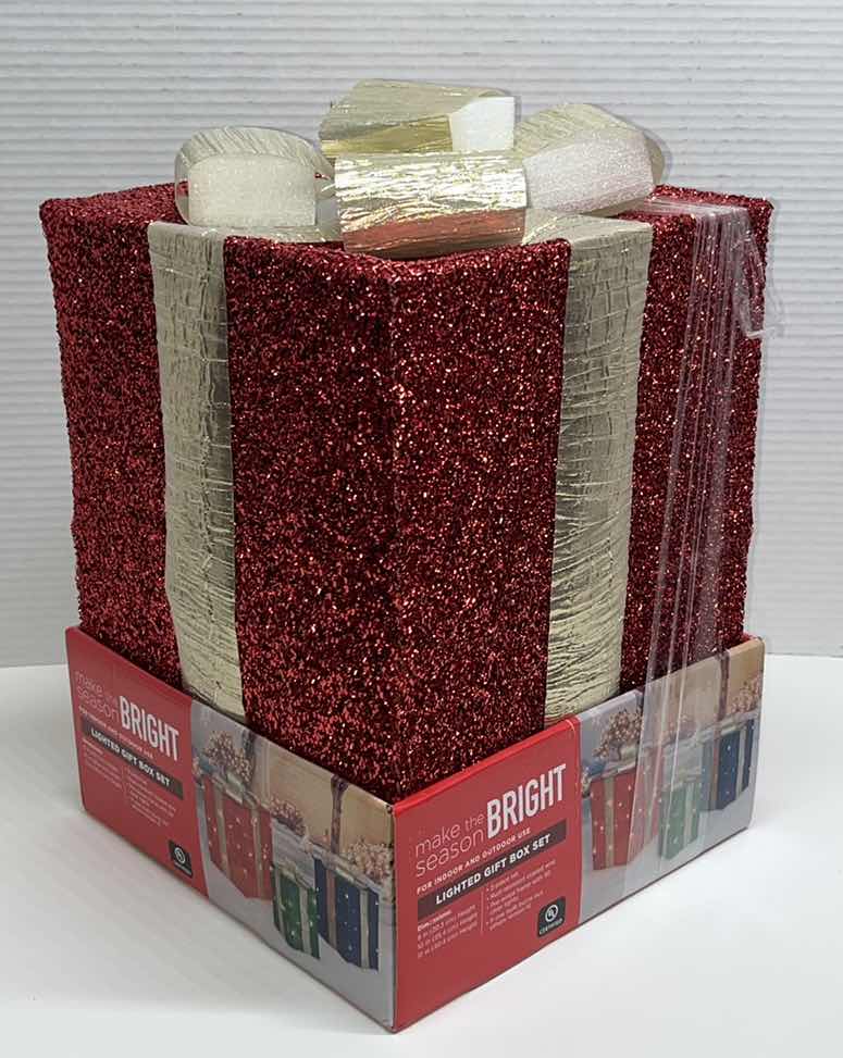 Photo 2 of NEW MAKE THE SEASON BRIGHT INDOOR/OUTDOOR LIGHTED GIFT BOX 3 PC SET (1)