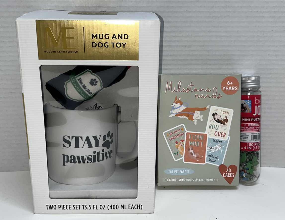 Photo 1 of NEW MODERN EXPRESSIONS MUG AND DOG TOY, THE PET PARADE MILESTONES CARDS & BE JOLLY DOG 150 PC MINI PUZZLE (3)