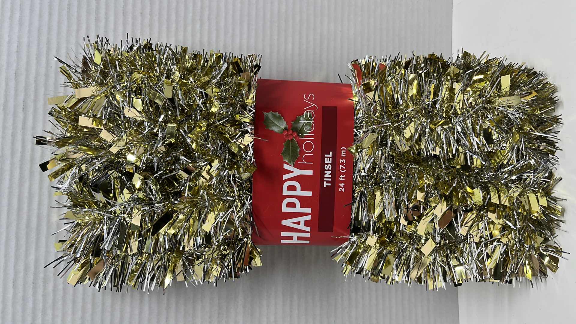 Photo 2 of NEW HAPPY HOLIDAYS 24 FT GOLD/SILVER TINSEL GARLAND (5)