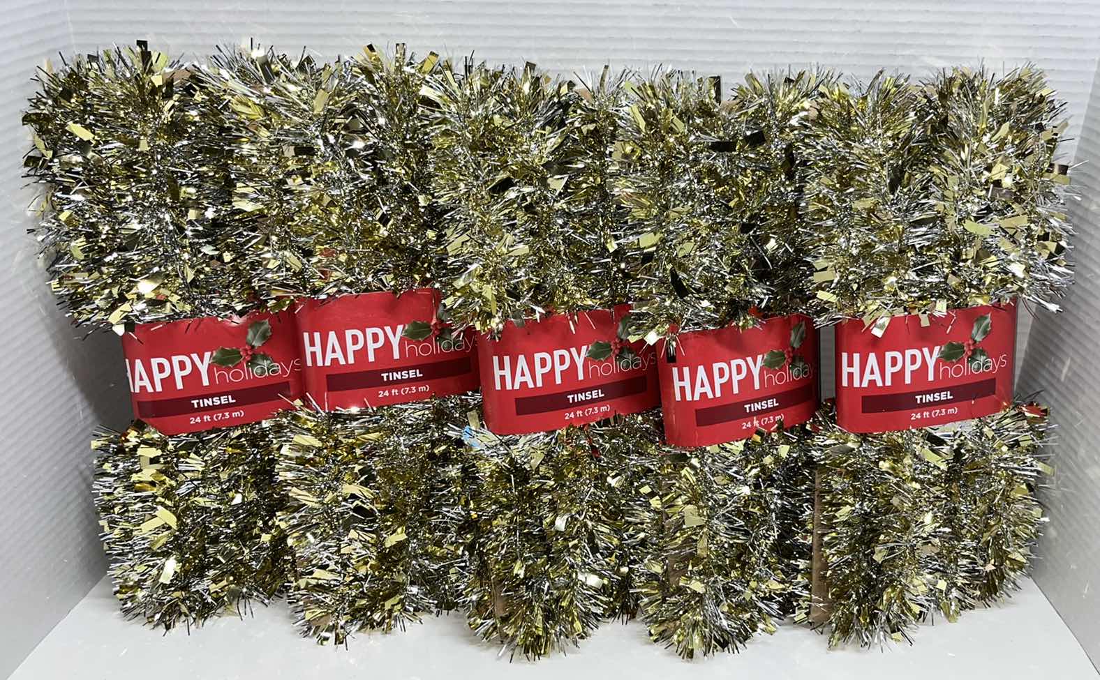 Photo 1 of NEW HAPPY HOLIDAYS 24 FT GOLD/SILVER TINSEL GARLAND (5)