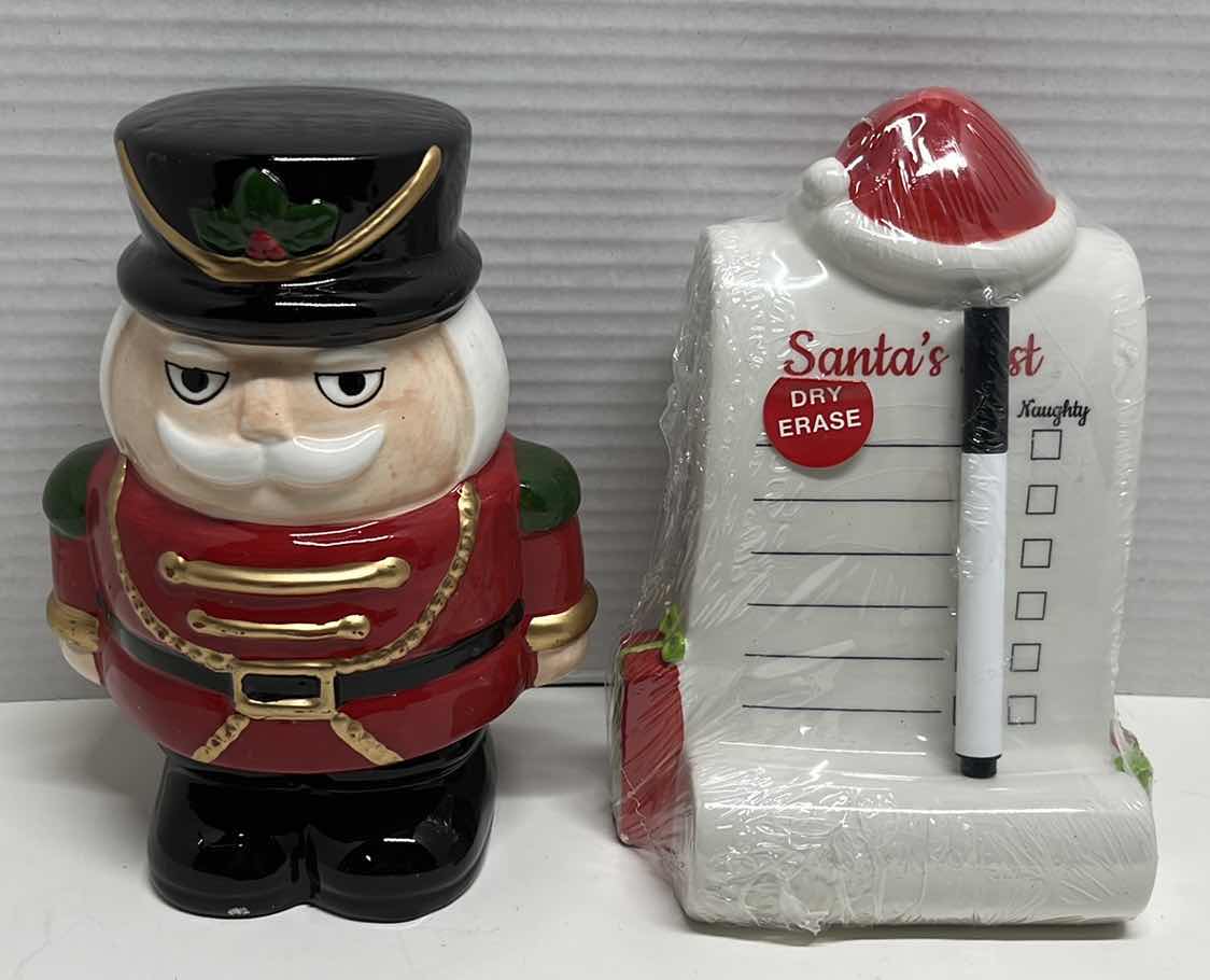 Photo 1 of NEW HAPPY HOLIDAYS CERAMIC 7” NUTCRACKER & CERAMIC SANTAS LIST W DRY ERASE MARKER (2)