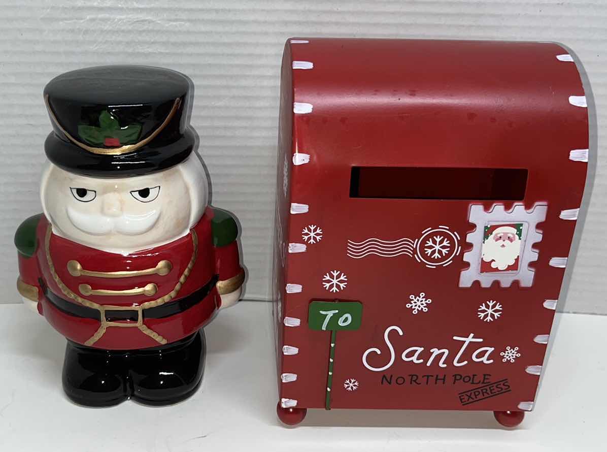 Photo 1 of NEW HAPPY HOLIDAYS CERAMIC 7” NUTCRACKER & MAILBOX LETTERS TO SANTA TIN DECOR (2)