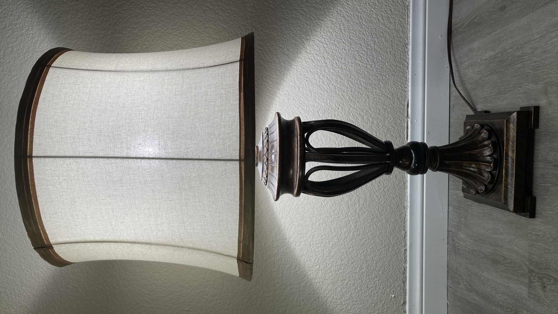 Photo 2 of REGENCY HILL TRADITIONAL URN STYLE BRONZE TABLE LAMP W TWO TONE DRUM SHADE 16” X 31”